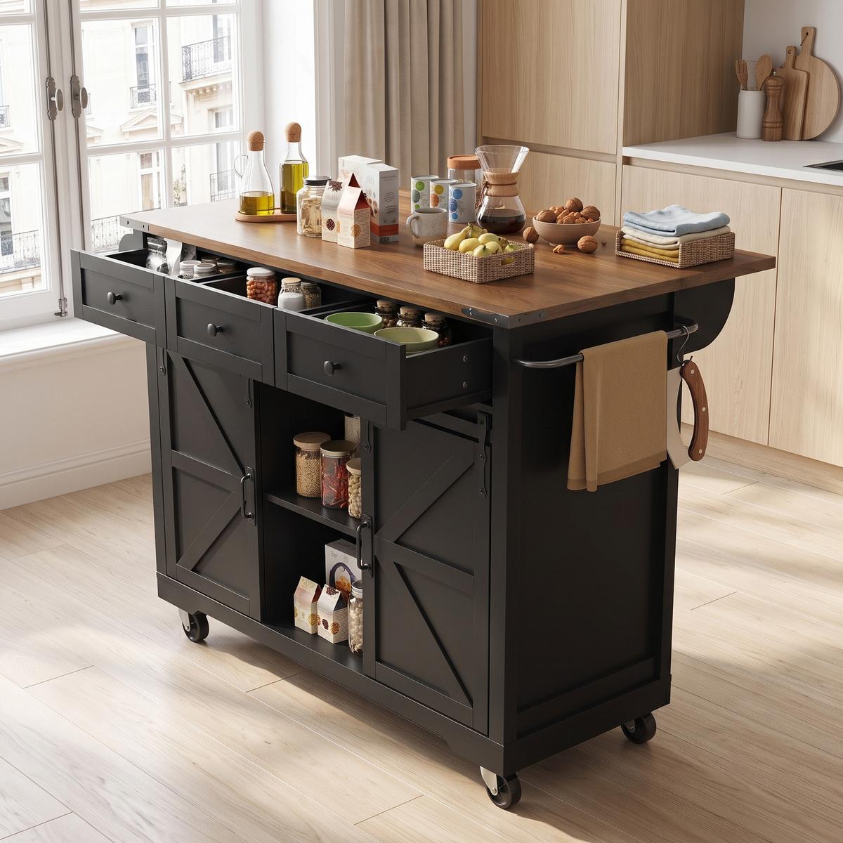 KÜCHENINSEL Schwarz mit Klapptisch, Schiebetüren & Rollen - Schwarz, Holzwerkstoff (140/94/45cm) - Urban Meuble