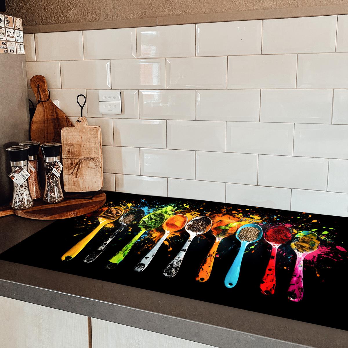 HERDABDECKPLATTE Löffel - Gewürze - Modern - Graffiti - Farbe - Farbenfroh Induktionsschutz 91.6x52.7 cm - Multicolor, Kunststoff (91.6/52.7/0.2cm) - MuchoWow