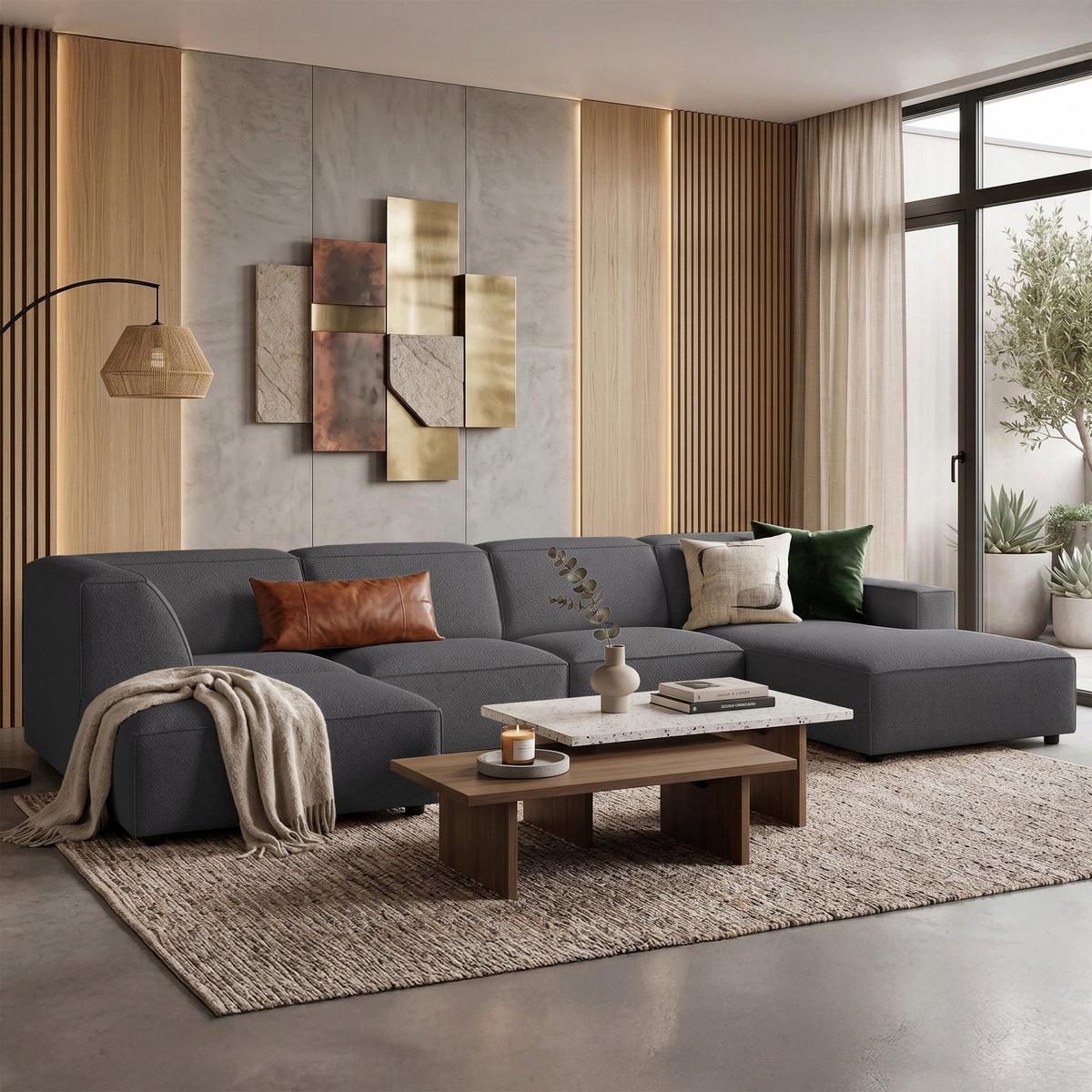 WOHNLANDSCHAFT Sellmo 366 cm - Dunkelgrau/Schwarz, Kunststoff/Textil (370/70/184cm) - Selsey