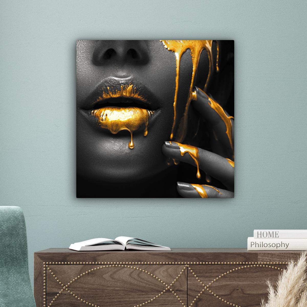 LEINWANDBILD Frau - Schwarz - Gold - Gesicht - Lippen Wandbild Wohnzimmer 50x50 cm - Goldfarben, Textil (50/50cm) - MuchoWow