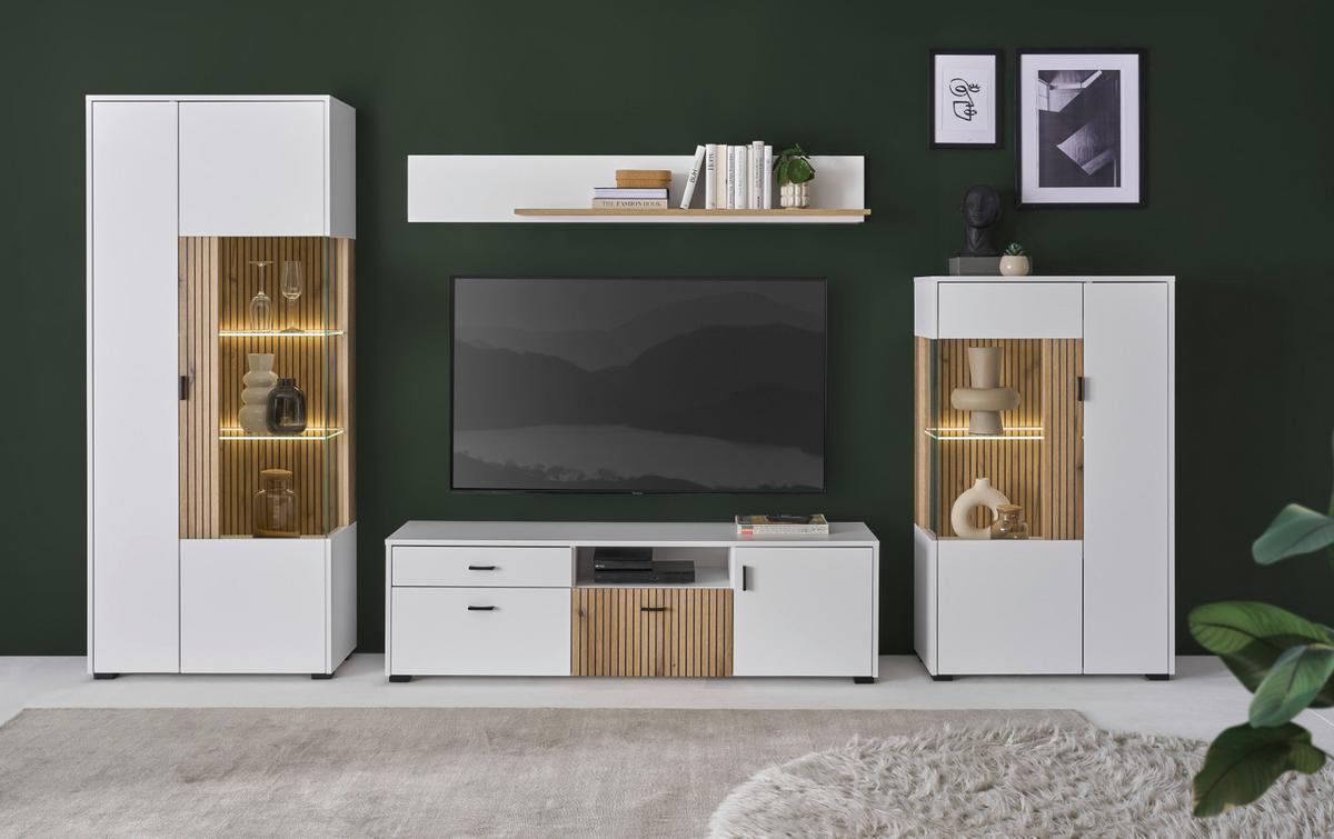 VITRINE weiß matt, Eiche 75 x 180 cm, Vitrinenschrank mit 10 Fächern und Soft-Close-Funktion - Eichefarben/Schwarz, Glas/Holzwerkstoff (75/180/38cm) - Furn.Design