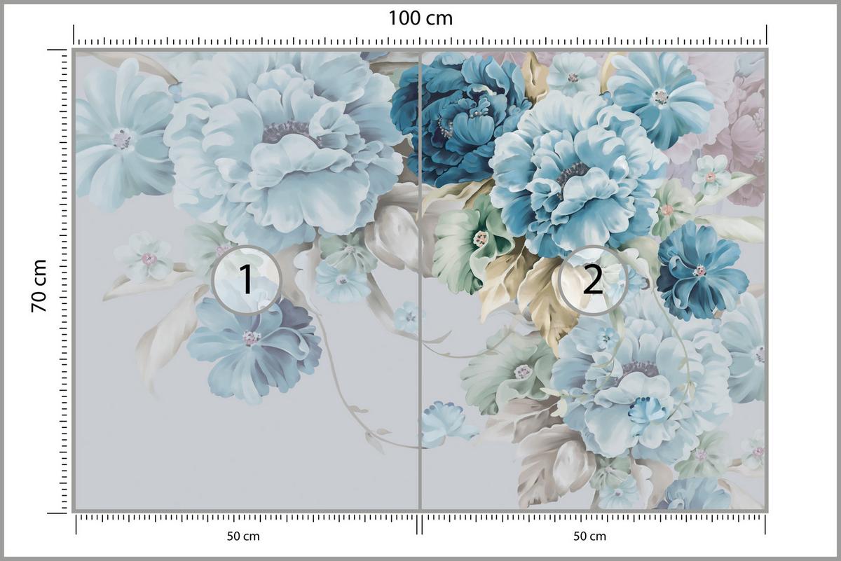 FOTOTAPETE für Schlafzimmer Blaue Pfingstrosen Zart Blumen Boho 100x70 - Blau/Gelb, Papier (100/70cm) - Muralo