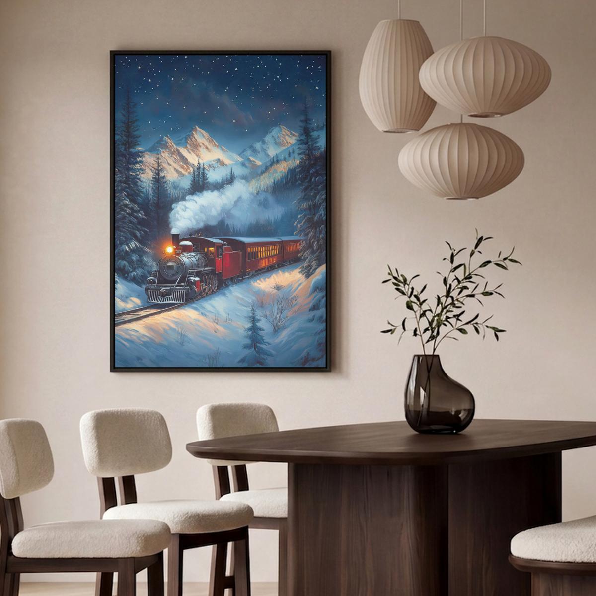 LEINWAND Bilder mit Rahmen - Zug - Weihnachten - Schnee - Weihnachtszug - 100x150 - Anthrazit, Textil (100/150cm) - MuchoWow