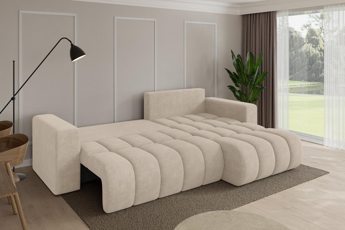 ECKSOFA mit Schlaffunktion Ottomane Rechts MILA-L-v1 277x195x86 Beige Velours - Schwarz/Sahara, Holzwerkstoff/Kunststoff (277/194cm) - ALTDECOR