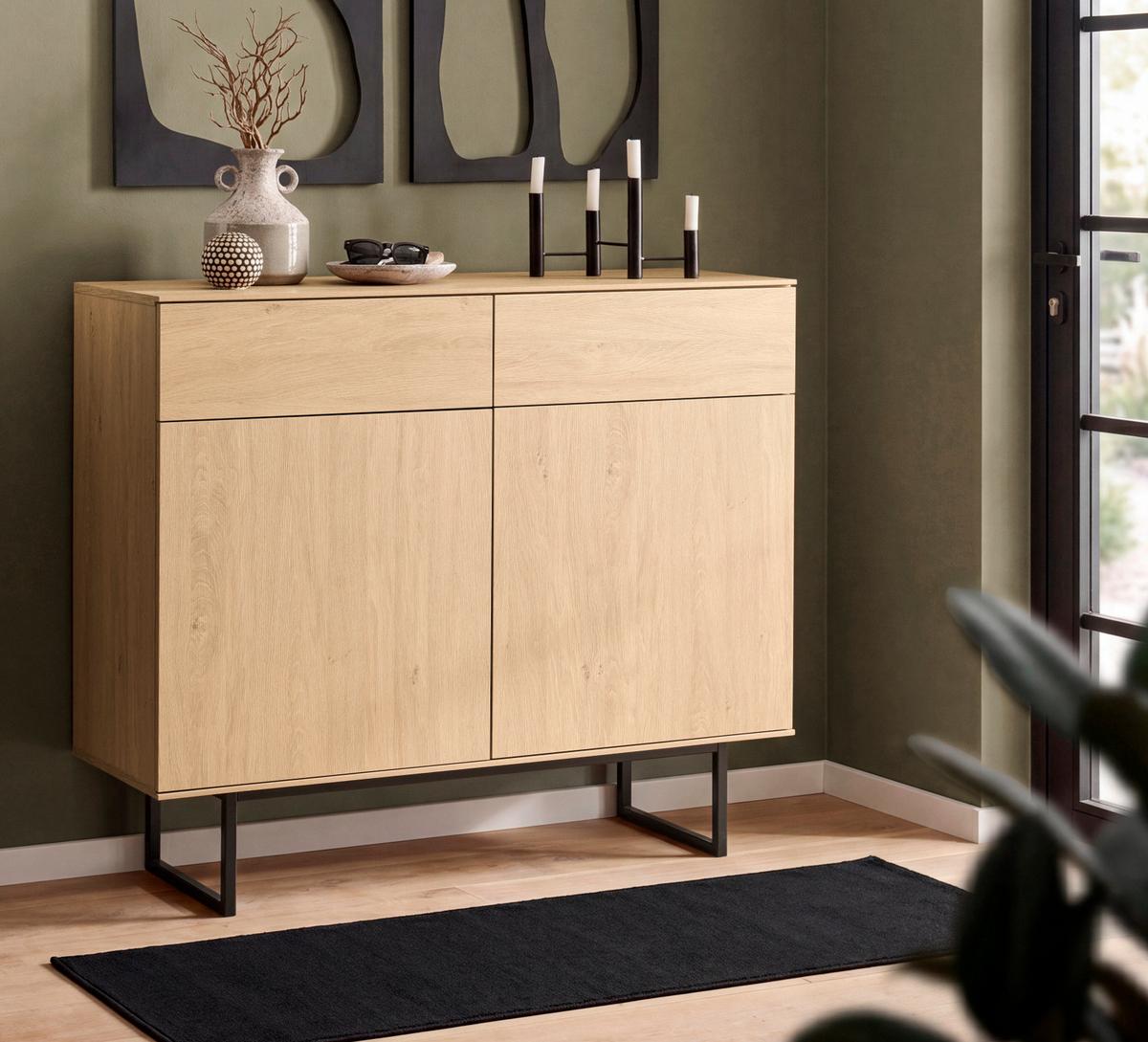 FLURKOMMODE Stone Eiche 115 x 98 cm, Schuhschrank mit Push-to-Open - Eichefarben/Schwarz, Holzwerkstoff/Metall (115/98/40cm) - Furn.Design