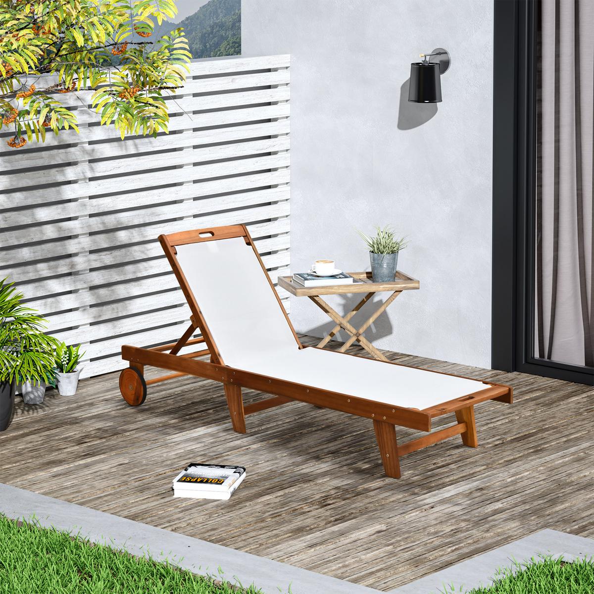SONNENLIEGE Relaxliege Gartenliege verstellbar Holz Textil Natur+Weiß - Weiß, Holz (55/88.5/198cm) - Outsunny