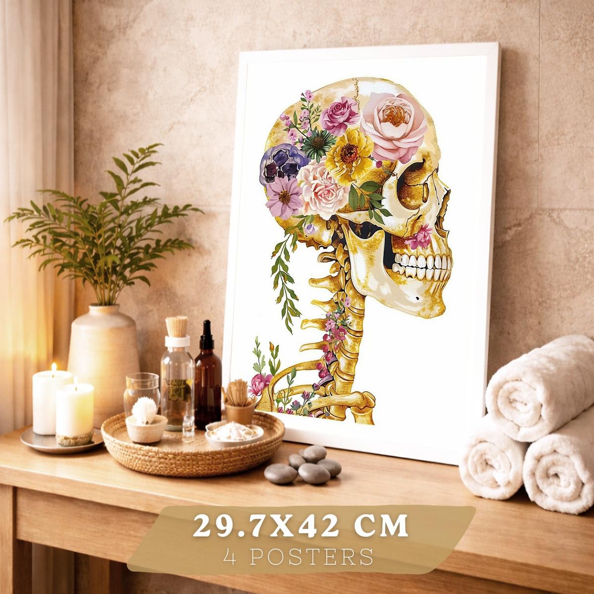 POSTER Set aus 4 Anatomie Mensch Drucke und Wandbilder mit Schädel Skelett Herz und Goldene Lungen Medizinische Wanddekoration Größe Weißer Rahmen A3 - Weiß, Papier (29.7/42/3cm) - Nacnic