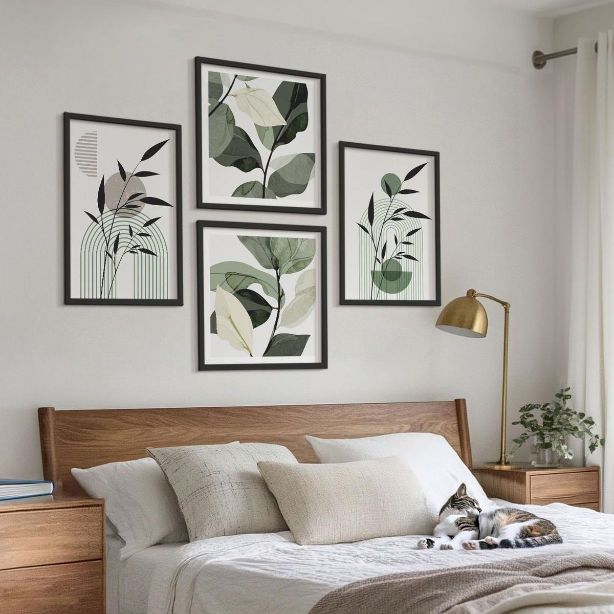 BILDER SET 4er Set - 50x50 cm & 40x60 cm Schwarzer Rahmen - Boho-Pflanzenkompositionen - Schwarz, Kunststoff (50/50cm) - TULUP
