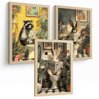 POSTER 3er-Set Tierdrucke im Badezimmer, lustige Waschbär Kaninchen-Dekorationsbilder im modernen Vintage-Stil für und Toilette Leichter Holzrahmen A3 - Beige, Papier (42/29.7/3cm) - Nacnic