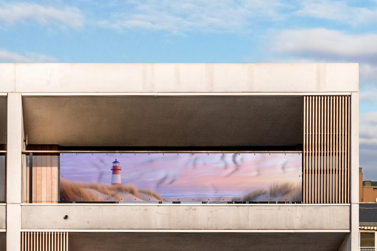 BALKON-SICHTSCHUTZ Leuchtturm - Dünen - Sonnenuntergang Deko XXL 500x100 cm - Hellrosa, Kunststoff (500/100cm) - MuchoWow