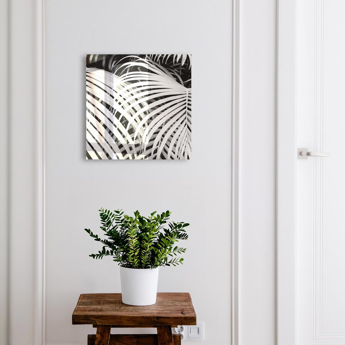 SCHLÜSSELBOX Schwarz 30x30 cm- Türöffnung nach rechts - Palmenblätter - Weiß, Metall (30/30/5cm) - TULUP