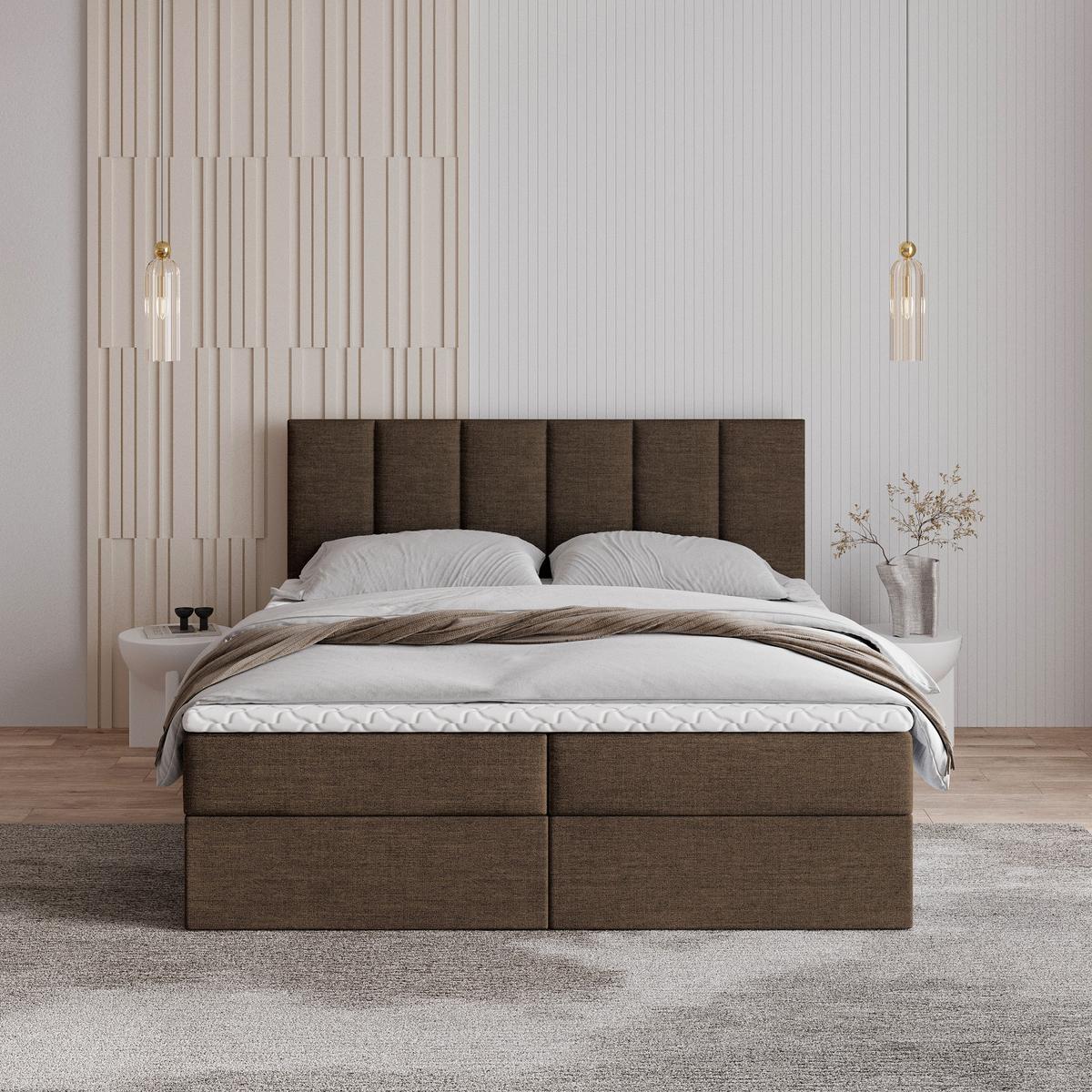BOXBETT MERIL 140x200 cm mit Matratze und Topper - Braun - Braun, Holz (140/200cm) - MASSENO