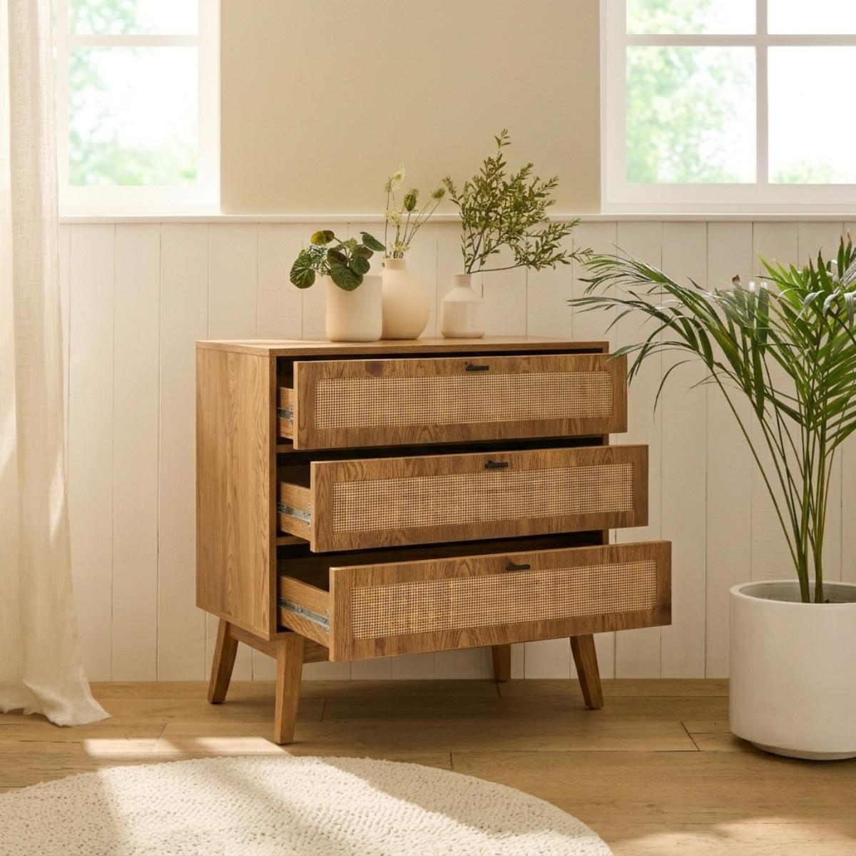 KOMMODE mit 3 Schubladen, Rattanfronten und Holzfüßen 80/39/79 cm - Eschefarben, Holzwerkstoff (80/79/45cm) - Calicosy