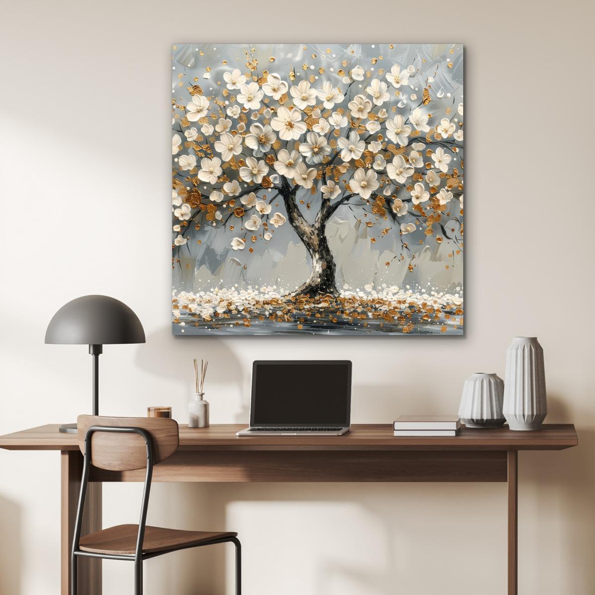 METALLBILD Baum - Blumen - Weiß - Natur - Kunst 90x90 cm - Weiß, Metall (90/90cm) - MuchoWow