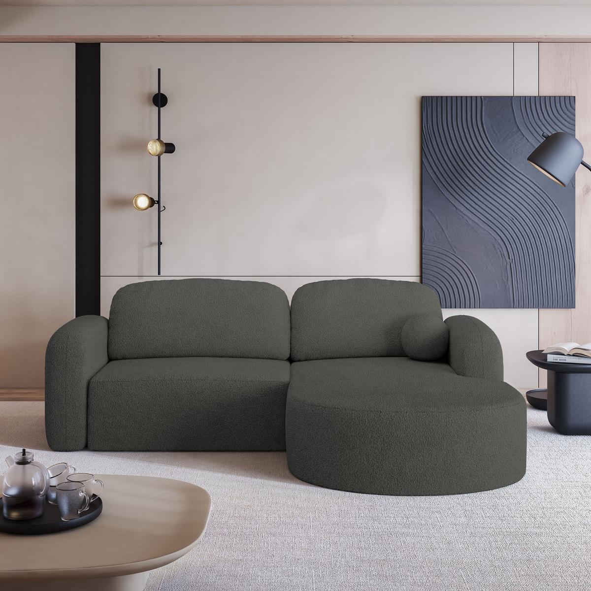 ECKSOFA AMILIA R-S Grau Boucle-Stoff mit Schlaffunktion - Grau, Holz (263/174cm) - MASSENO