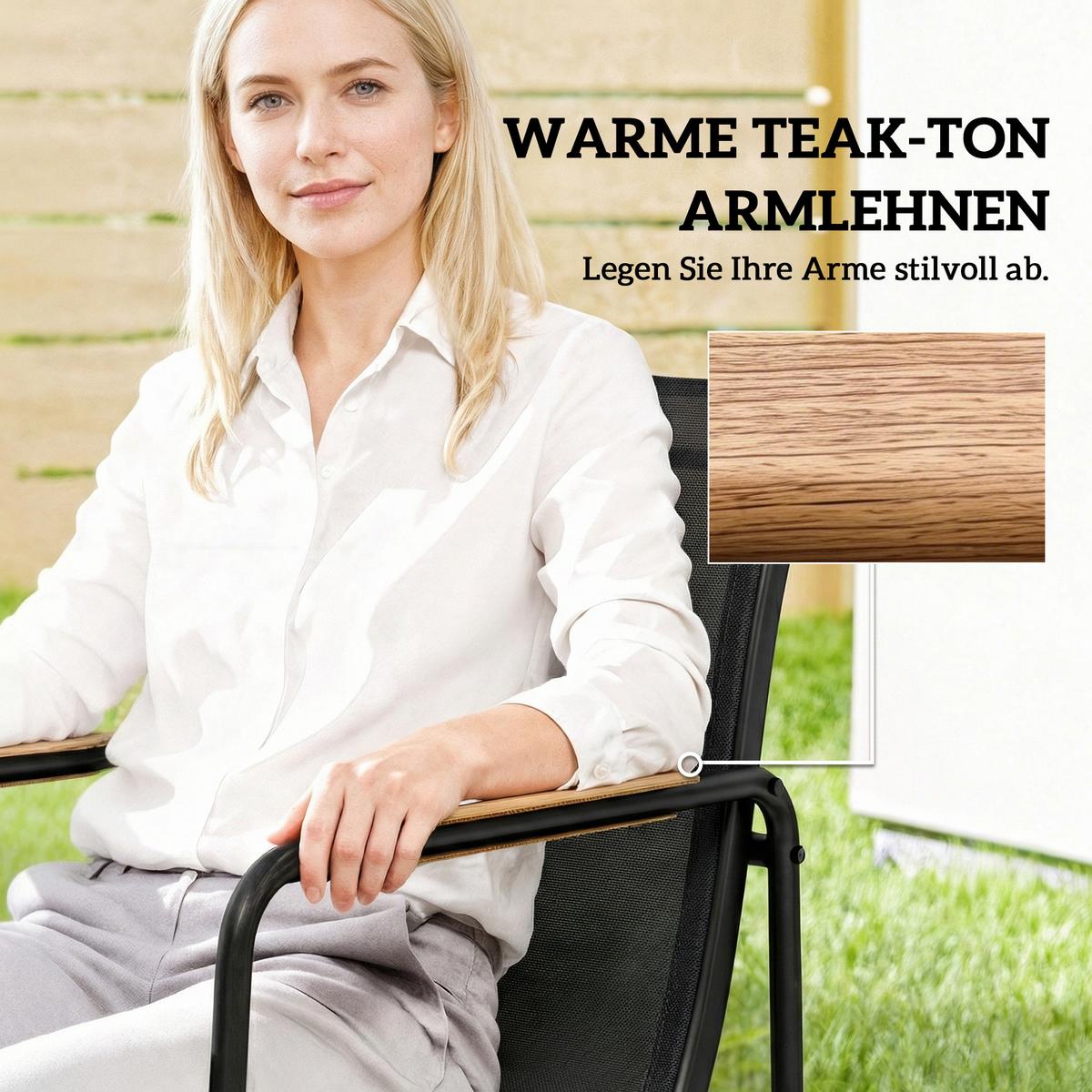 GARTENGARNITUR 7 TLG. Atmungsaktive Stühle Schwarz - Schwarz/Teakfarben, Metall - Outsunny