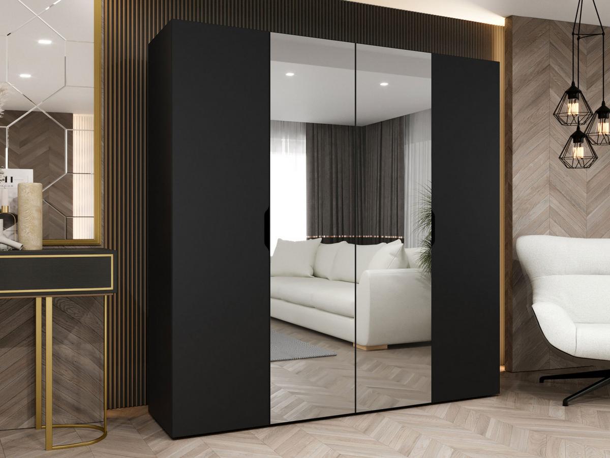 DREHTÜRENSCHRANK Malaga 200 mit Frontspiegel - Schwarz, Holzwerkstoff (200/202/52cm) - MIRJAN24