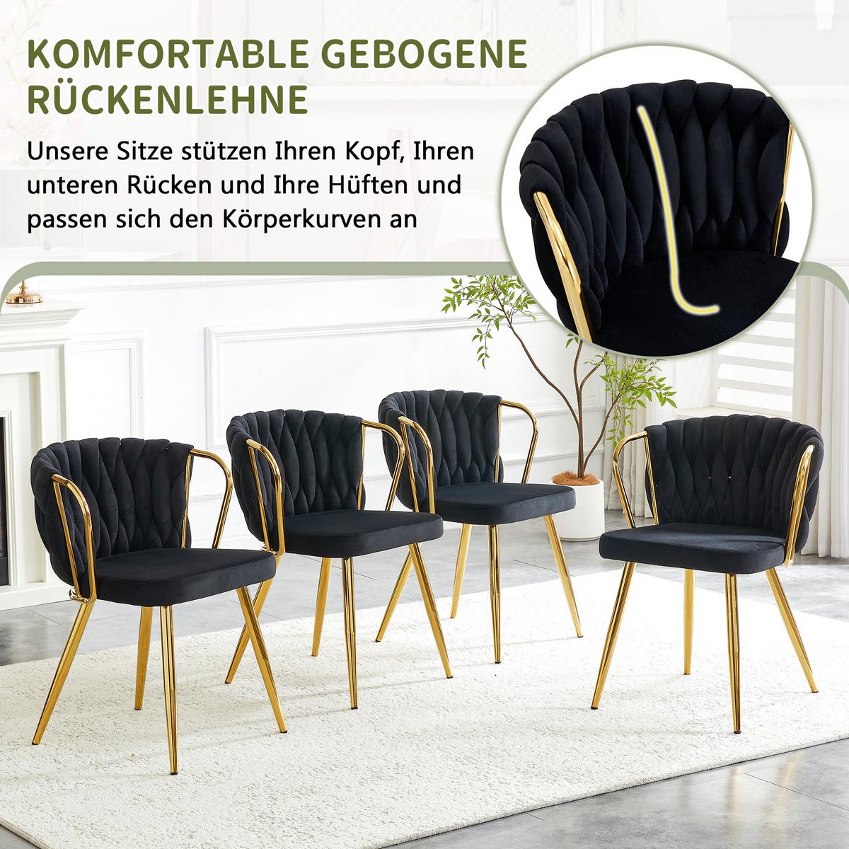 ESSZIMMERSTUHL 2ER-SET aus Samt mit goldenen Beinen, ergonomisch gepolstert - Schwarz, Textil (43/76/58cm) - Urban Meuble
