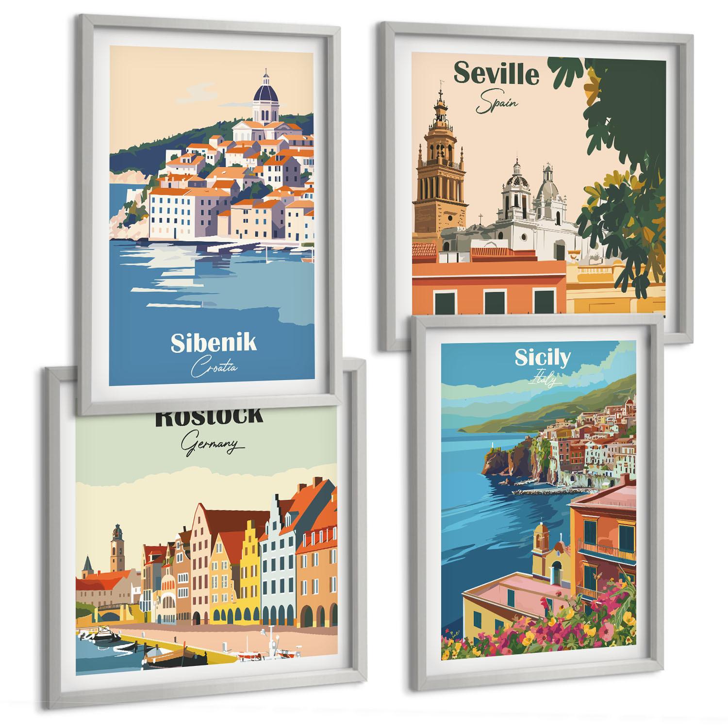 BILDER SET 4er Set - 50x50 cm & 40x60 cm Silberner Rahmen - Landschaften europäischer Städte - Silberfarben, Kunststoff (50/50cm) - TULUP