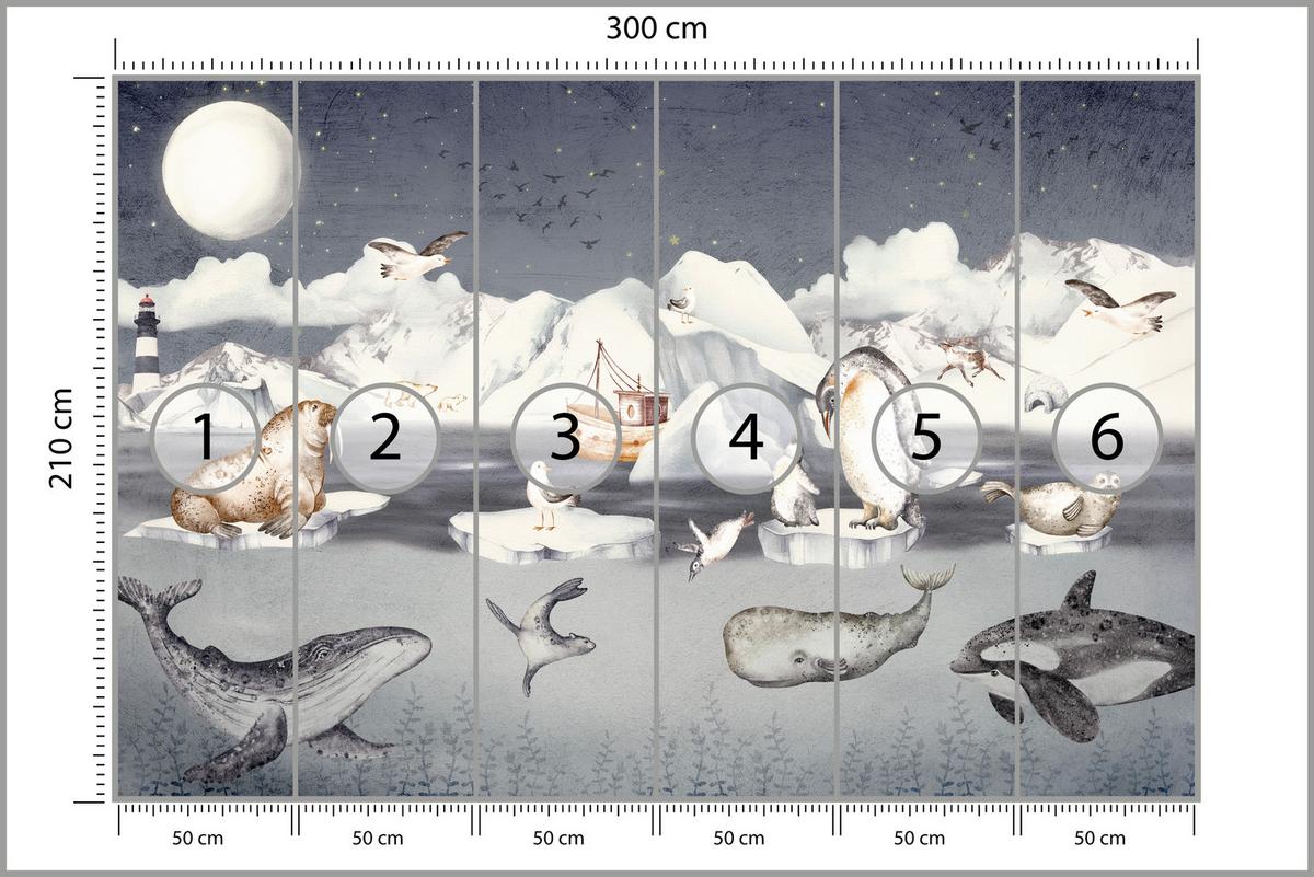FOTOTAPETE für Kinderzimmer Arktische Tiere Pinguine Robben Mond Gebirge 300x210 - Orange/Weiß, Papier (300/210cm) - Muralo