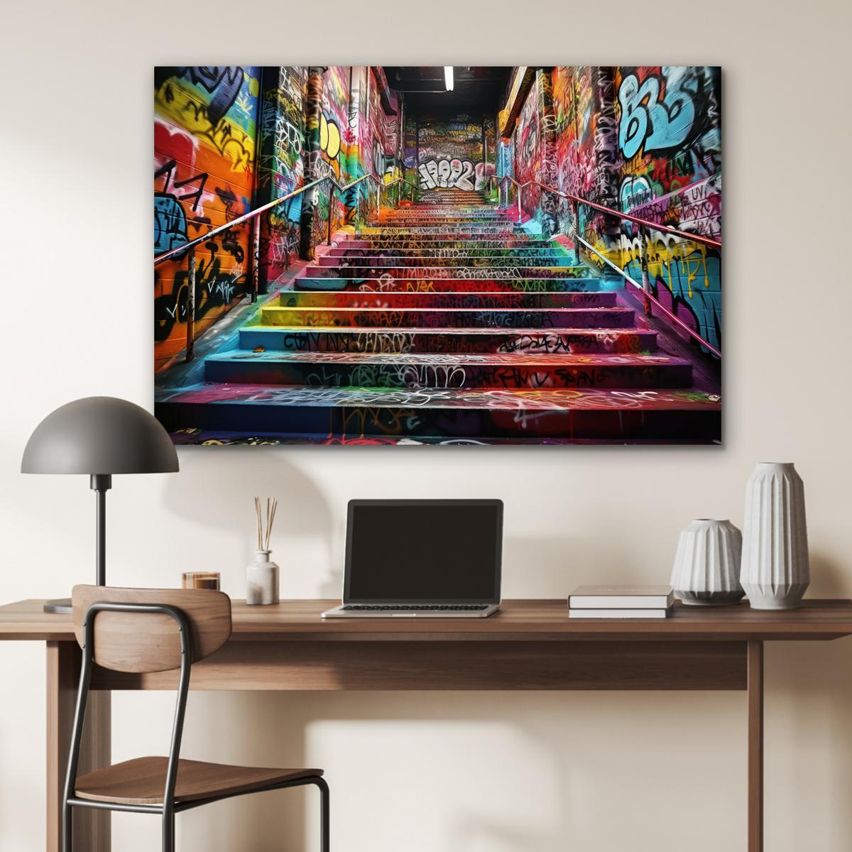 METALLBILD Treppe - Graffiti - Farben - Kunst Deko Groß 120x80 cm - Multicolor, Metall (120/80cm) - MuchoWow
