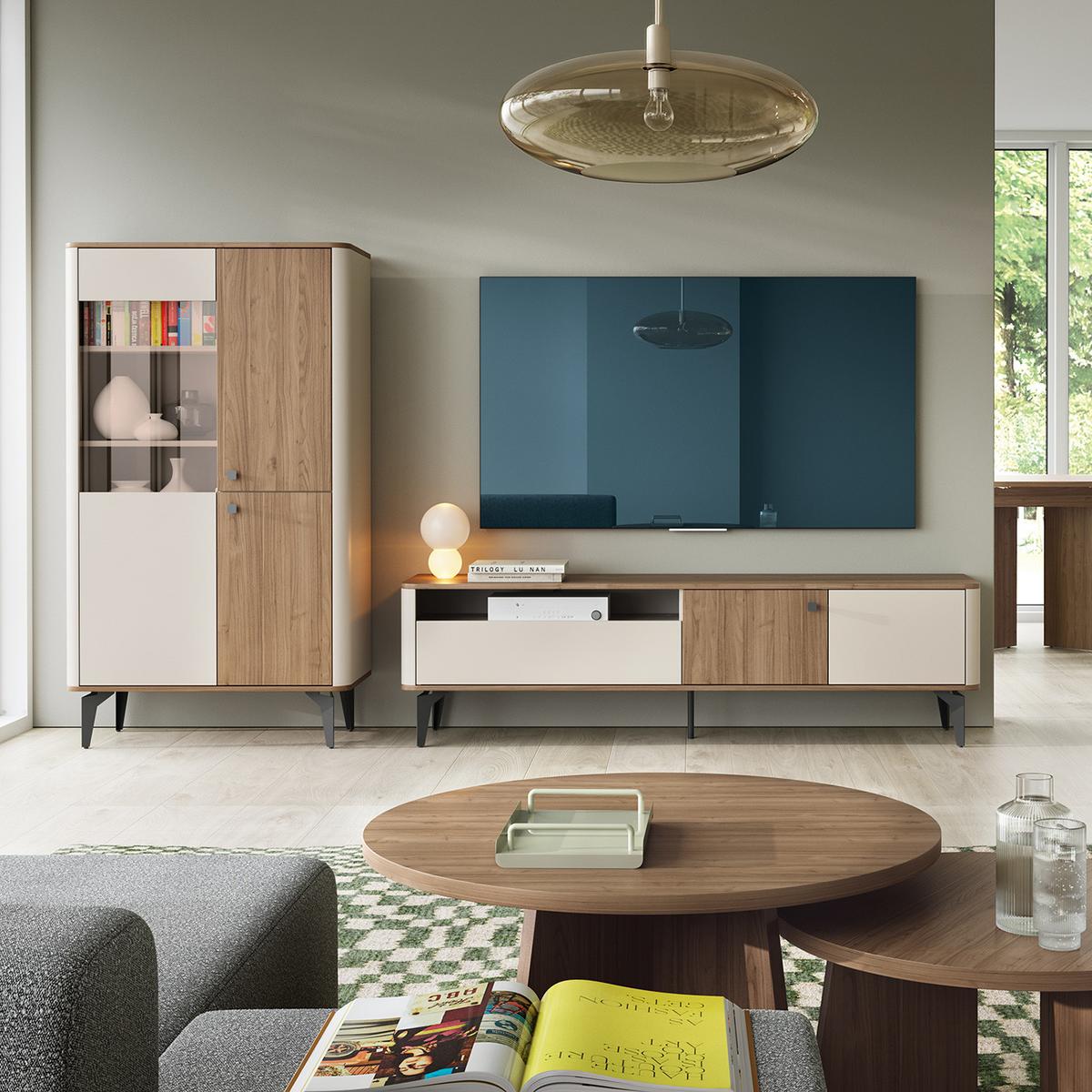 VITRINE Aurora Glasschrank mit Metallbeine, mit LED-Beleuchtung, Nussbaum+Kaschmir - Kaschmir/Nussbaumfarben, Holzwerkstoff/Metall (88/190/40cm) - Beautysofa