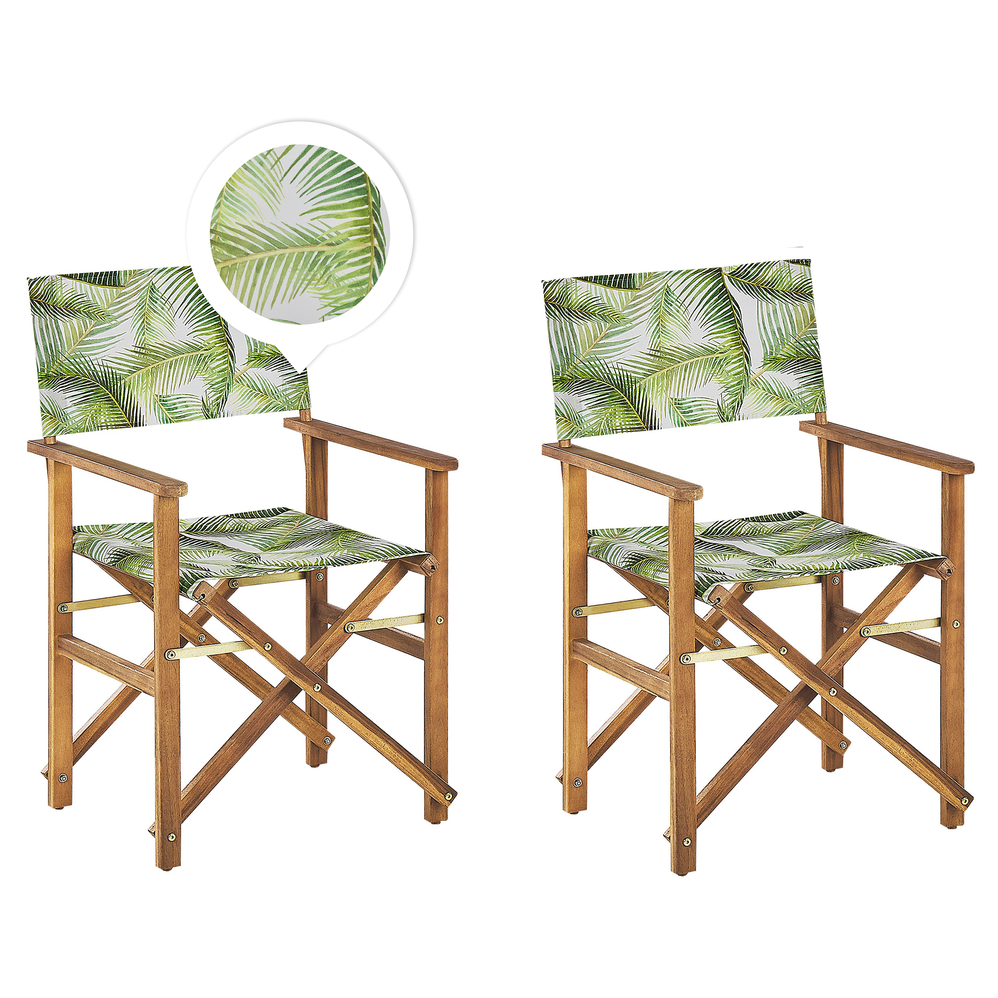 GARTENSTUHL 2er-Set Akazienholz hellbraun Auflagen cremeweiß/hellgrün Palmenmotiv Cine - Hellbraun/Hellgrün, Holz (50/91/50cm) - Beliani