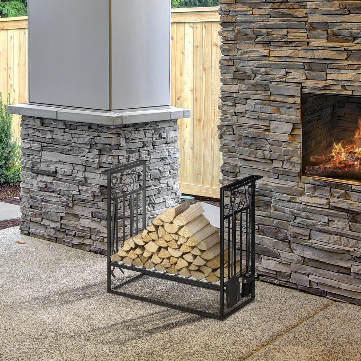 KAMINHOLZSTÄNDER mit Kaminbesteck Erhöhtes Brennholzregal Feuerholzablage Stahl - Schwarz, Metall (30/60/75cm) - HOMCOM