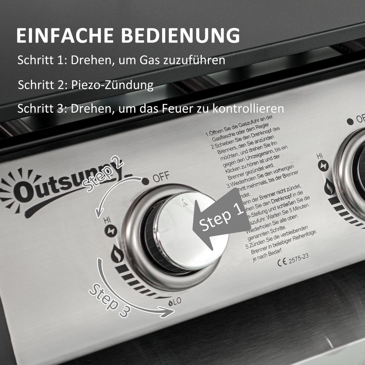 GASGRILL BBQ mit 3 Brennern, Edelstahl, Metall, Schwarz, 63 x 47 x 25 cm - Schwarz, Metall (47/25/63cm) - Outsunny