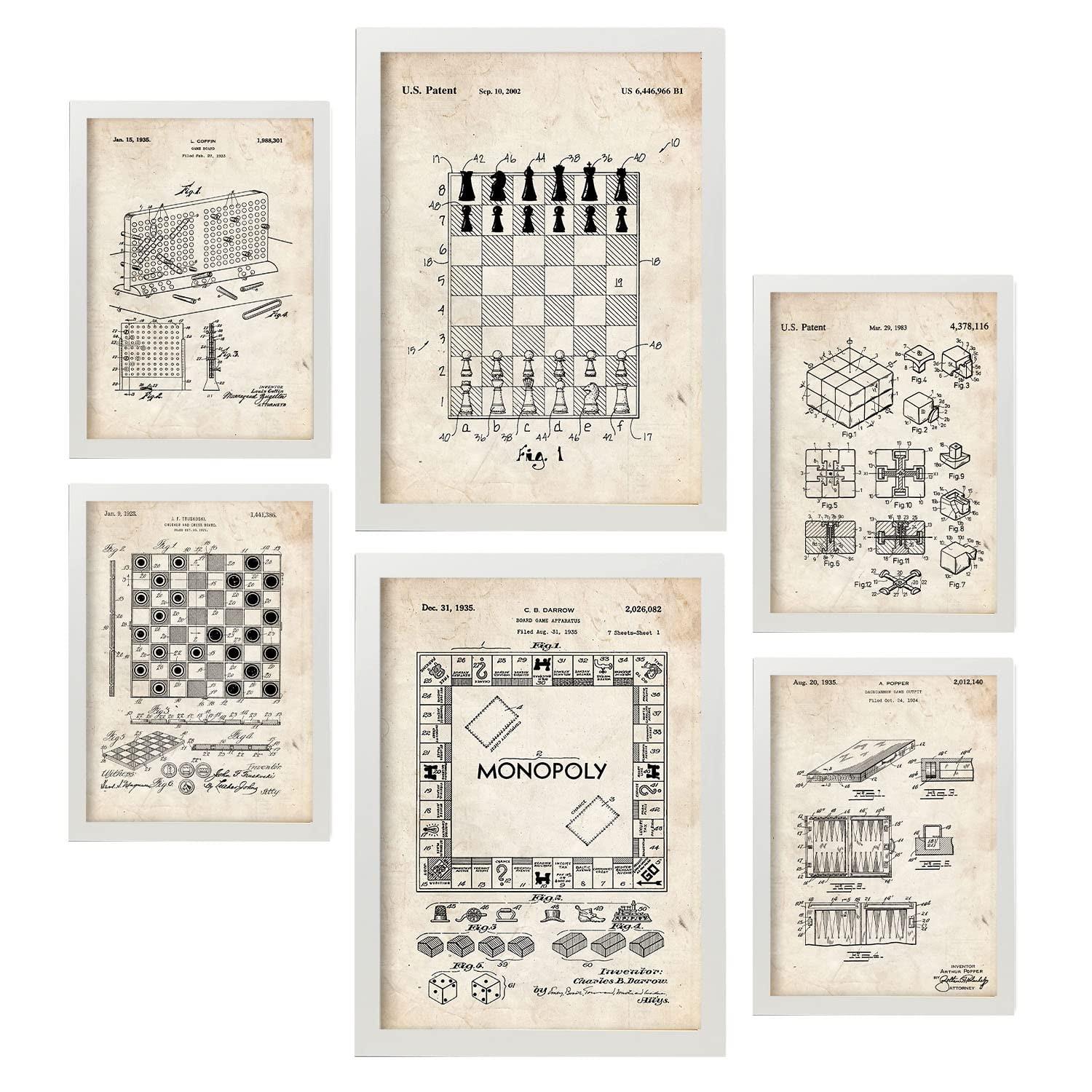 POSTER Set Mit 6 Plakaten Mit Brettspiel Patenten Im Vintage Stil A3 & A4 Weißer Rahmen - Weiß, Papier (29/3cm) - Nacnic