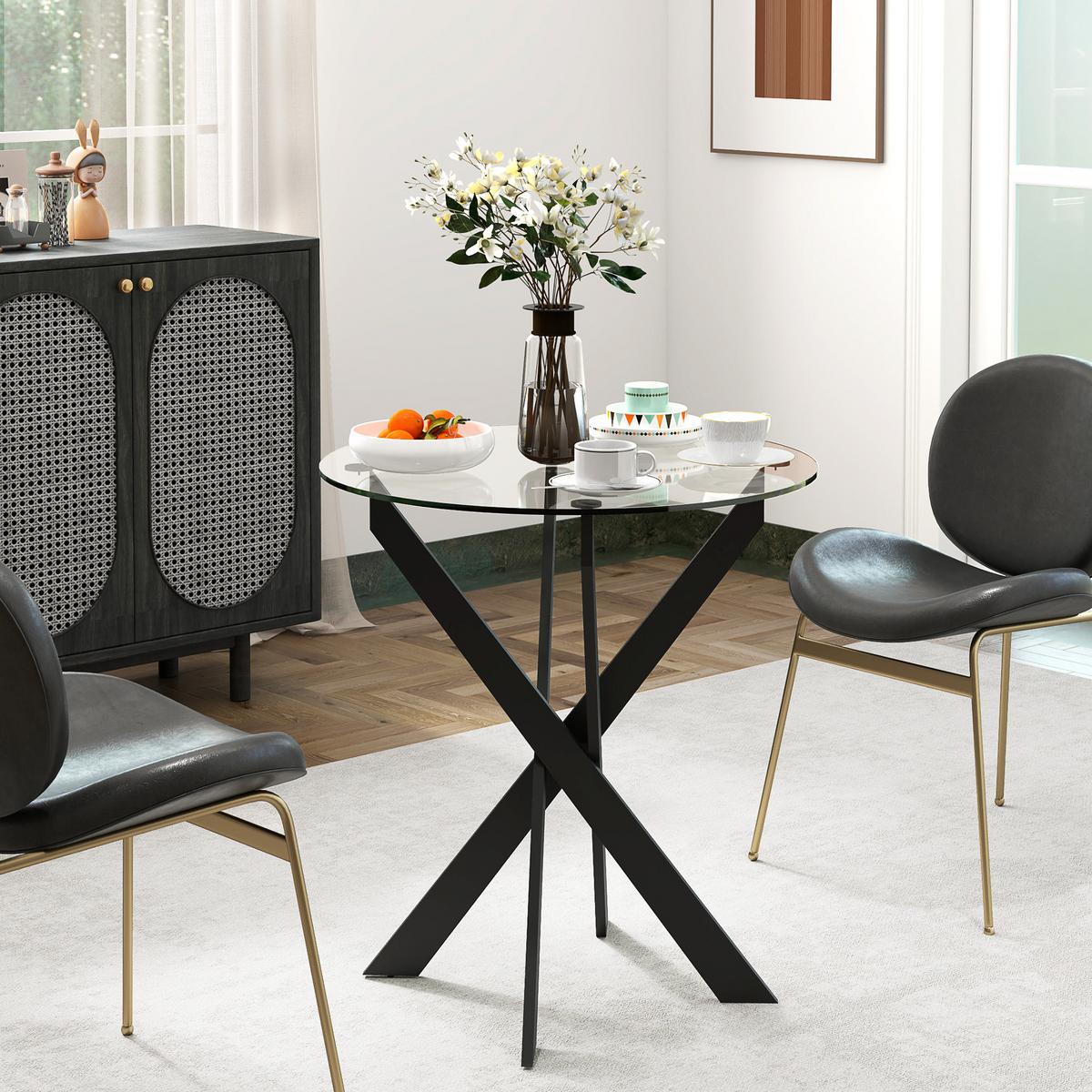 ESSTISCH, Rund Küchentisch für 4 Personen Esszimmertisch mit Stahlbeinen Schwarz - Schwarz, Glas/Metall (70/70/75cm) - HOMCOM