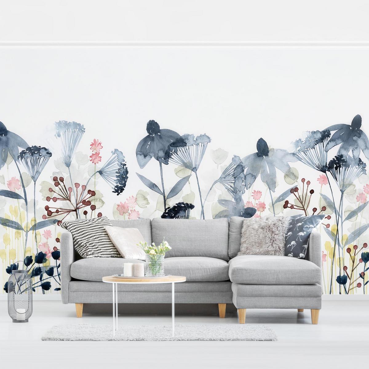 FOTOTAPETE Wildblumen Aquarell I 432/290 cm - Weiß, Papier (432/290cm) - Bilderwelten