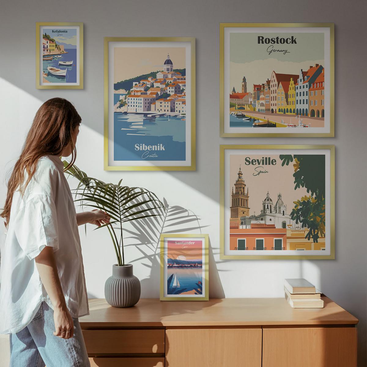 BILDER SET 5er Set - 50x50 cm & 20x30 cm & 40x60 cm Goldrahmen - Berglandschaften und Städte - Goldfarben, Kunststoff (40/60cm) - TULUP