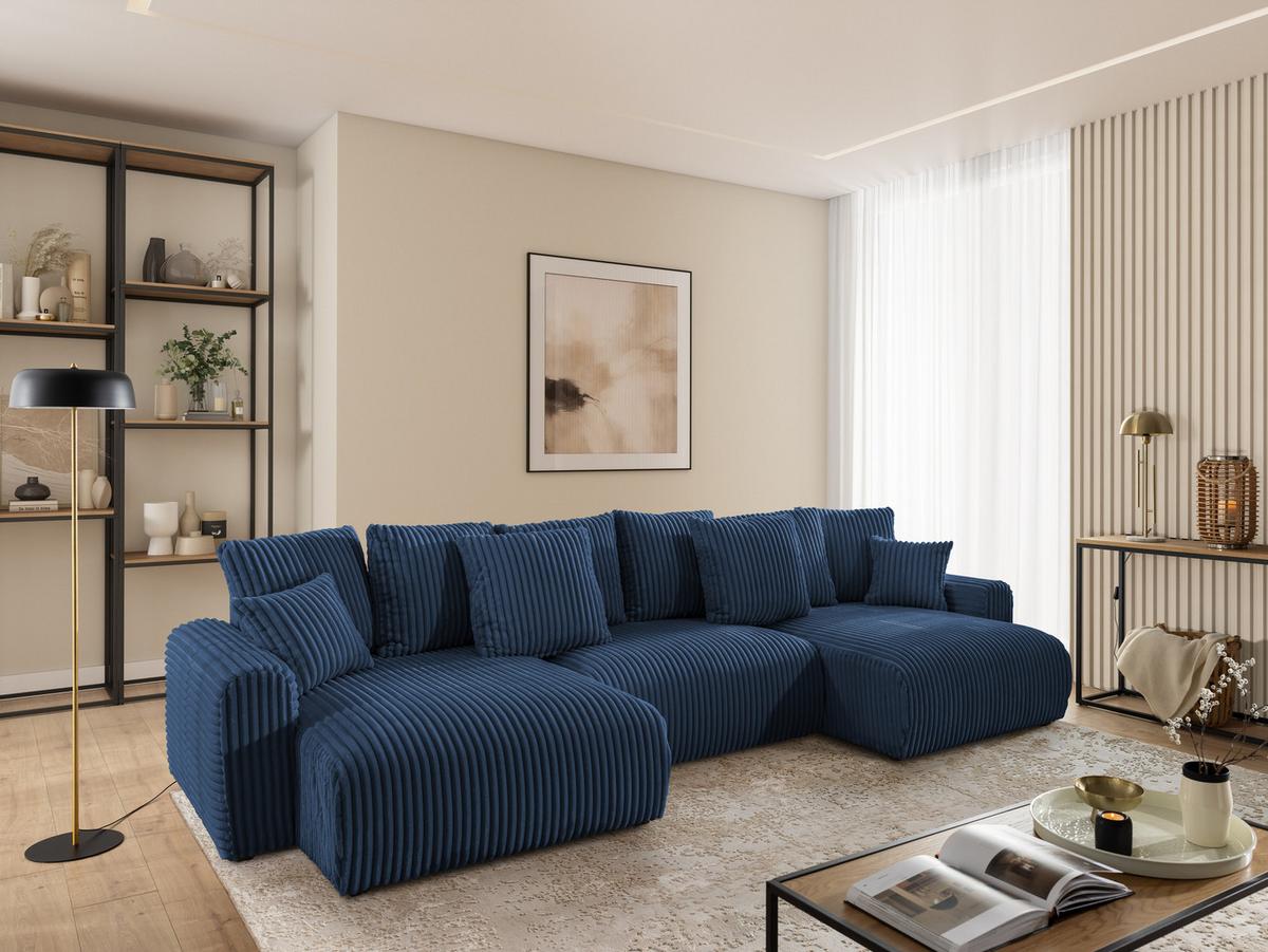 WOHNLANDSCHAFT Calma mit Schlaffunktion und Bettkasten im Bumpy-Design aus weichem Marineblau Plüschcord - Blau/Beige, Holz/Textil (336/88/140cm) - S-Style