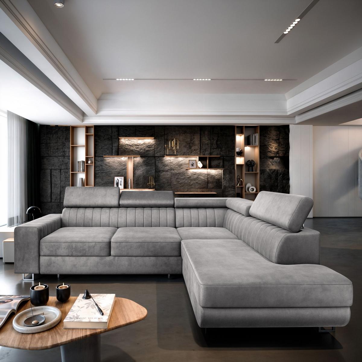 ECKSOFA NOLA R-S Hellgrau Velours-Stoff mit Schlaffunktion - Silberfarben/Hellgrau, Holz/Textil (253/190cm) - MASSENO