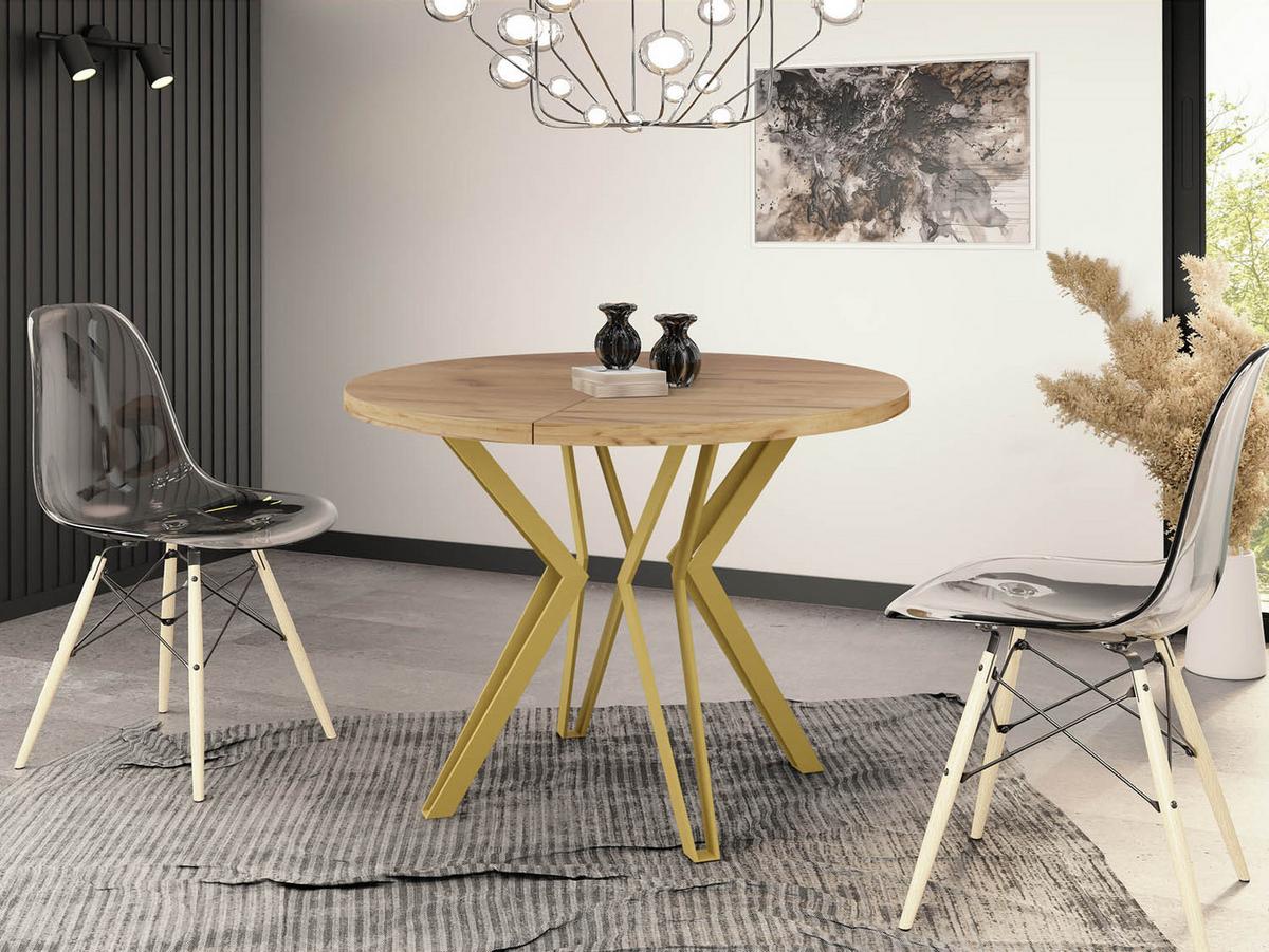 ESSTISCH Daisy runder ausziehbarer, Craft Eiche 100-180/100/76 cm - Eiche Wotan/Goldfarben, Holzwerkstoff/Metall (100/180/76cm) - WFL GROUP