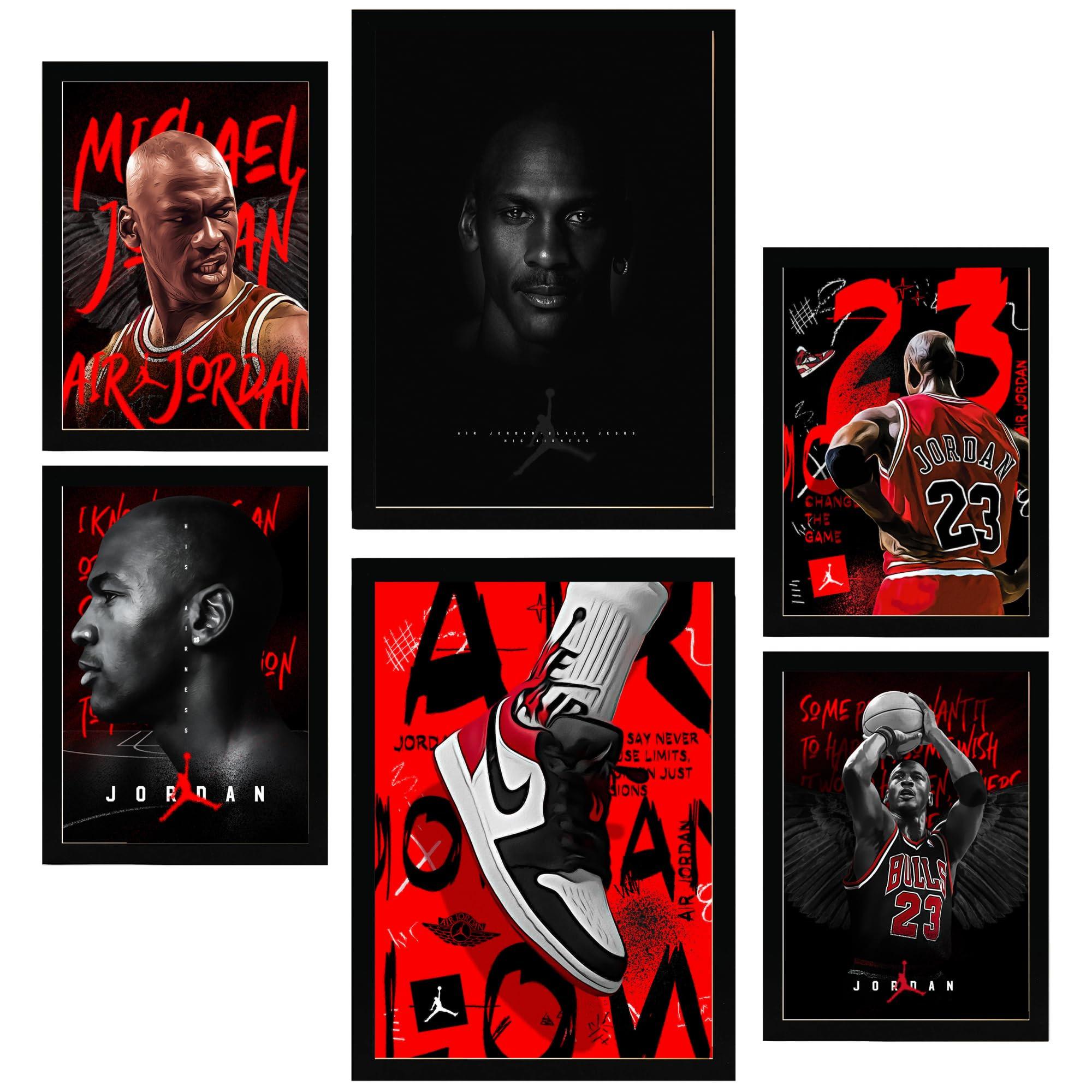 POSTER Set Mit 6 Ikonisches Jordan Grafiiti Rot & Schwarz A3 & A4 Schwarzer Rahmen - Schwarz, Papier (29/3cm) - Nacnic