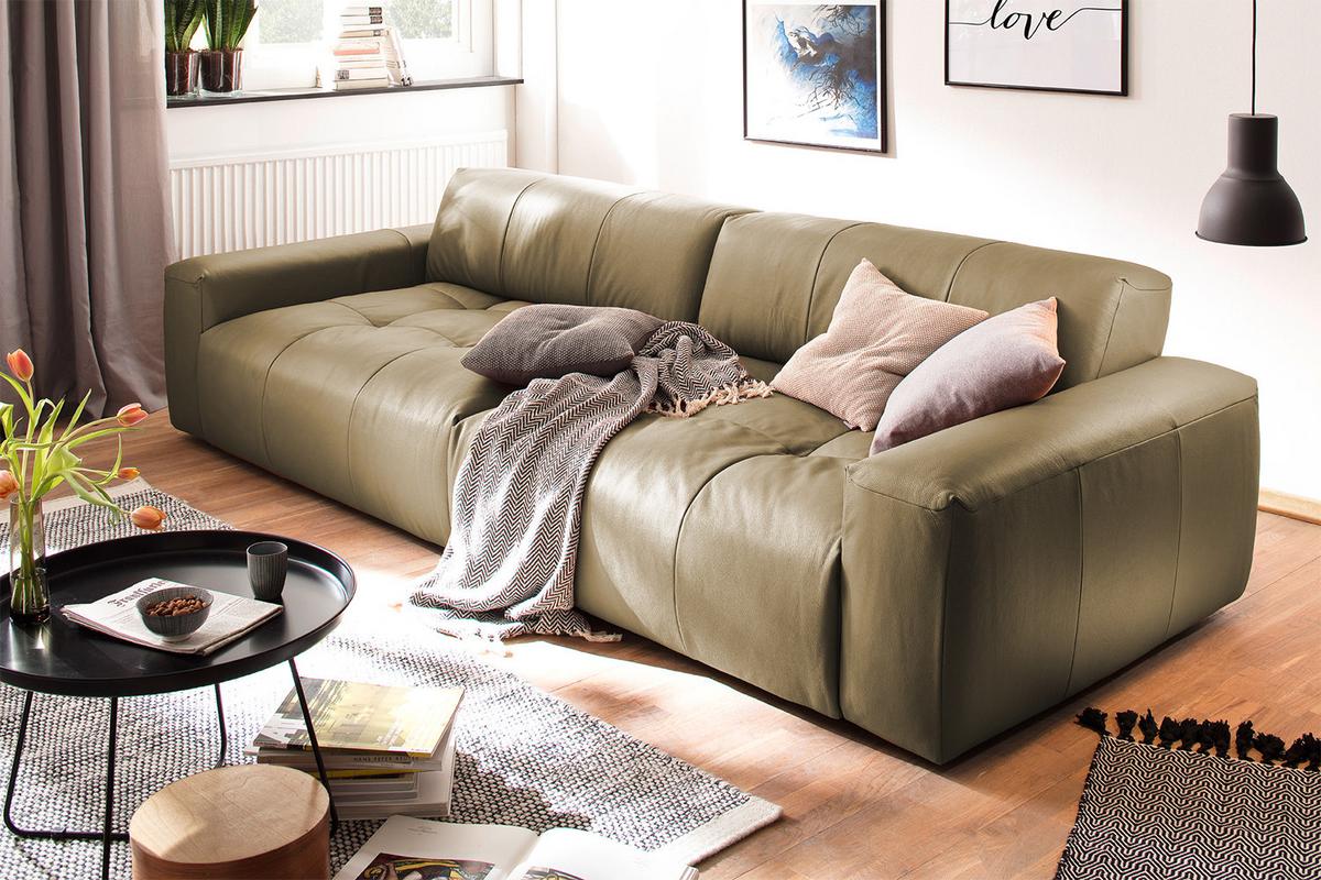 LEDERSOFA MIT SITZTIEFENVERSTELLUNG PALACE Grün Leder Relaxfunktion - Olivgrün/Grün, Leder (298/74/120cm) - KAWOLA