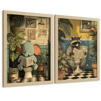 POSTER 2er-Set lustige Badezimmer-Kunstdrucke, Bilder mit lustigen Tieren auf der Toilette, witzige, Dusche Leichter Holzrahmen A3 - Beige, Papier (42/29.7/3cm) - Nacnic