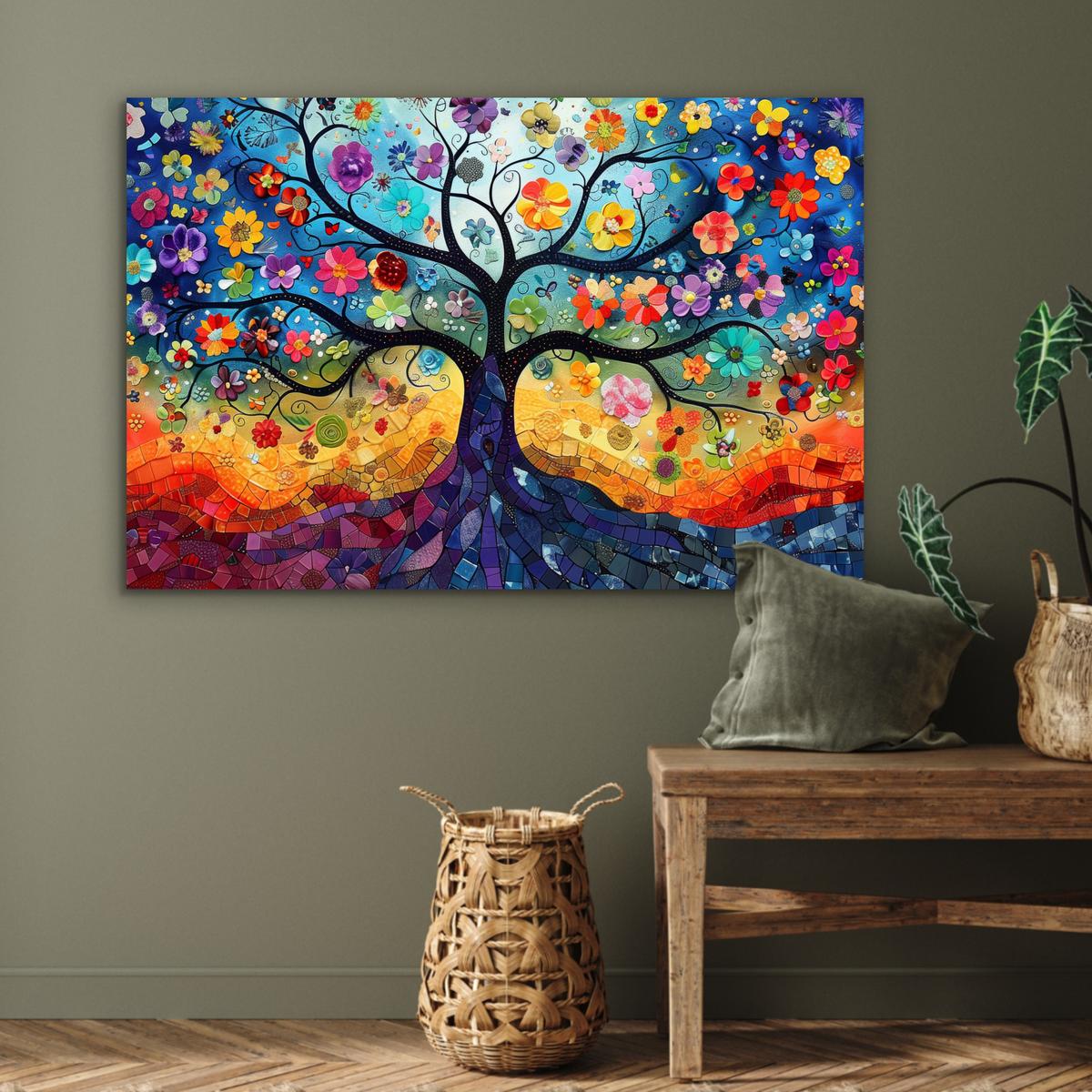 METALLBILD Kunst - Baum des Lebens - Blumen - Hippie Deko Groß 120x80 cm - Dunkelblau, Metall (120/80cm) - MuchoWow