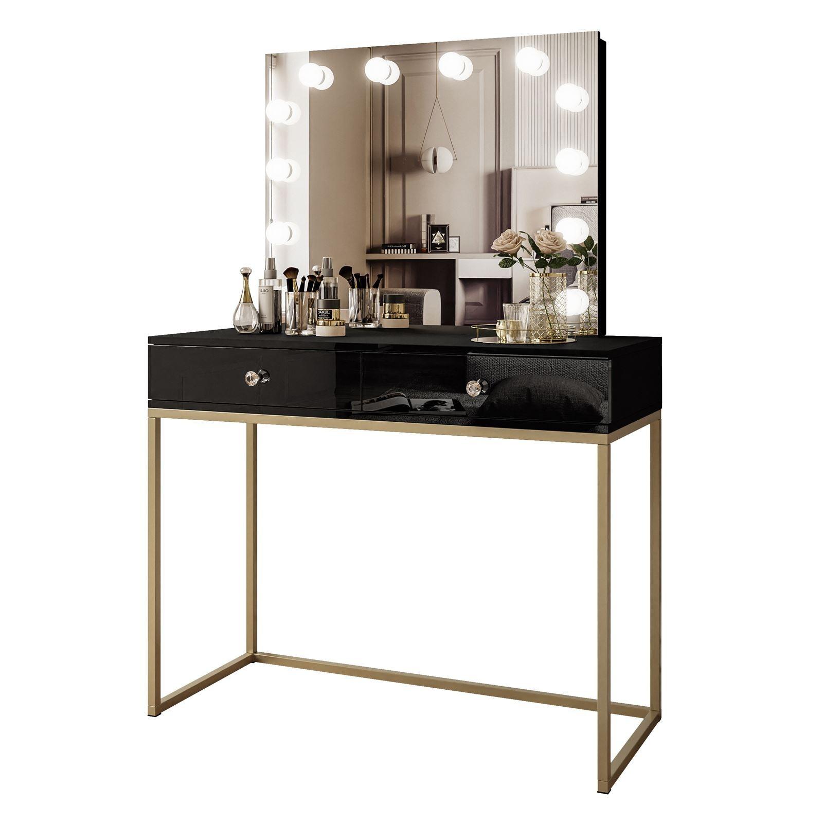 SCHMINKTISCH BLANCO GOLD ELITE mit Spiegel und Beleuchtung Schwarz Hochglanz Kristallgriff - Schwarz Hochglanz/Goldfarben, Holzwerkstoff (100/146/42cm) - Lookway