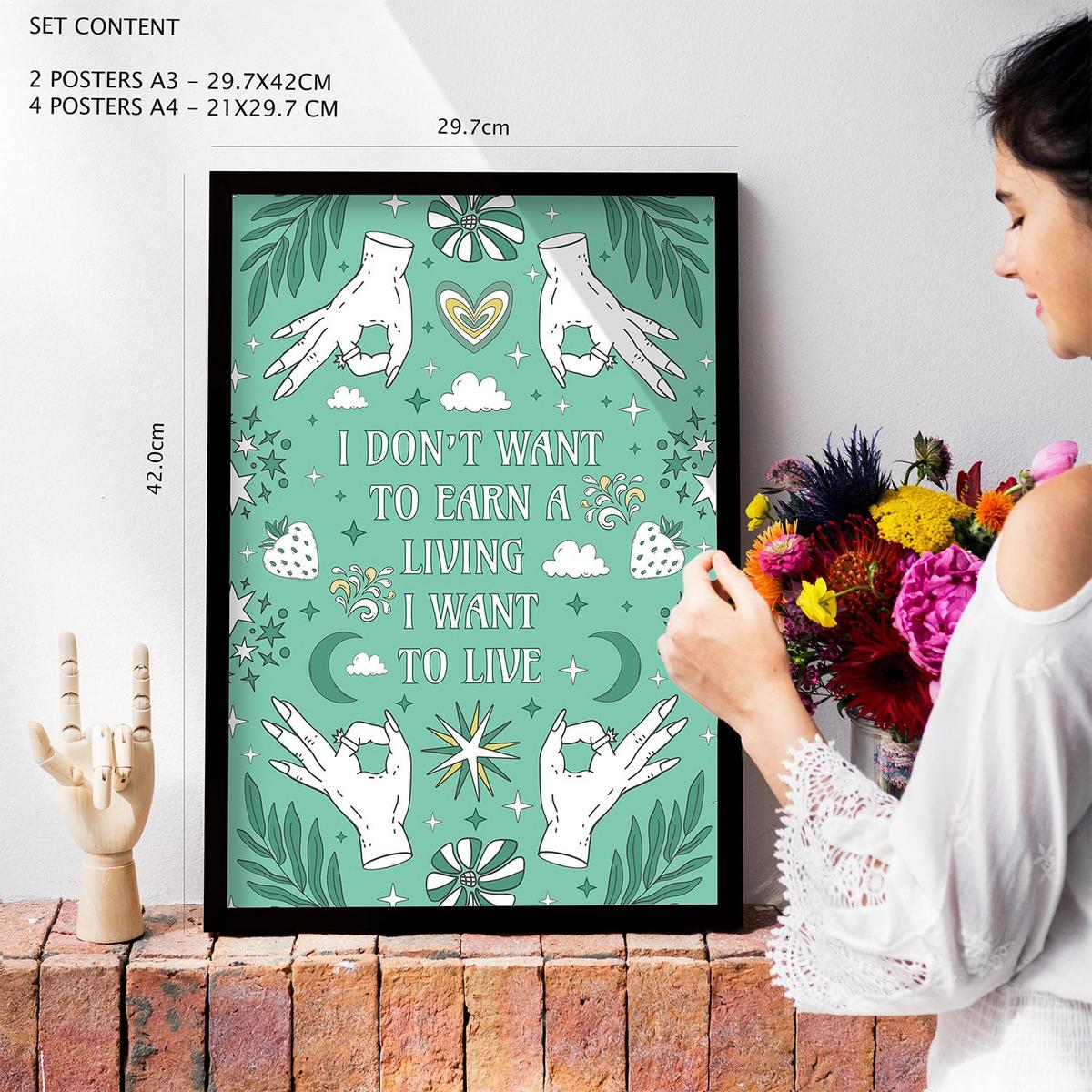 POSTER Set Mit 6 Drucken Von Live In Brilliant Groovy Style Postersammlung Dekorative Rahmen Für Zuhause Wandkunstdruck A3 & A4 Rahmen Aus Hellem Holz - Beige, Papier (29/3cm) - Nacnic