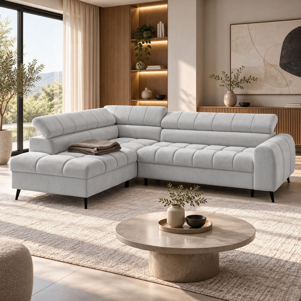 ECKSCHLAFSOFA Vinni Hellgrau, Chenille-Stoff, links - Hellgrau, Textil (265/205cm) - Beautysofa