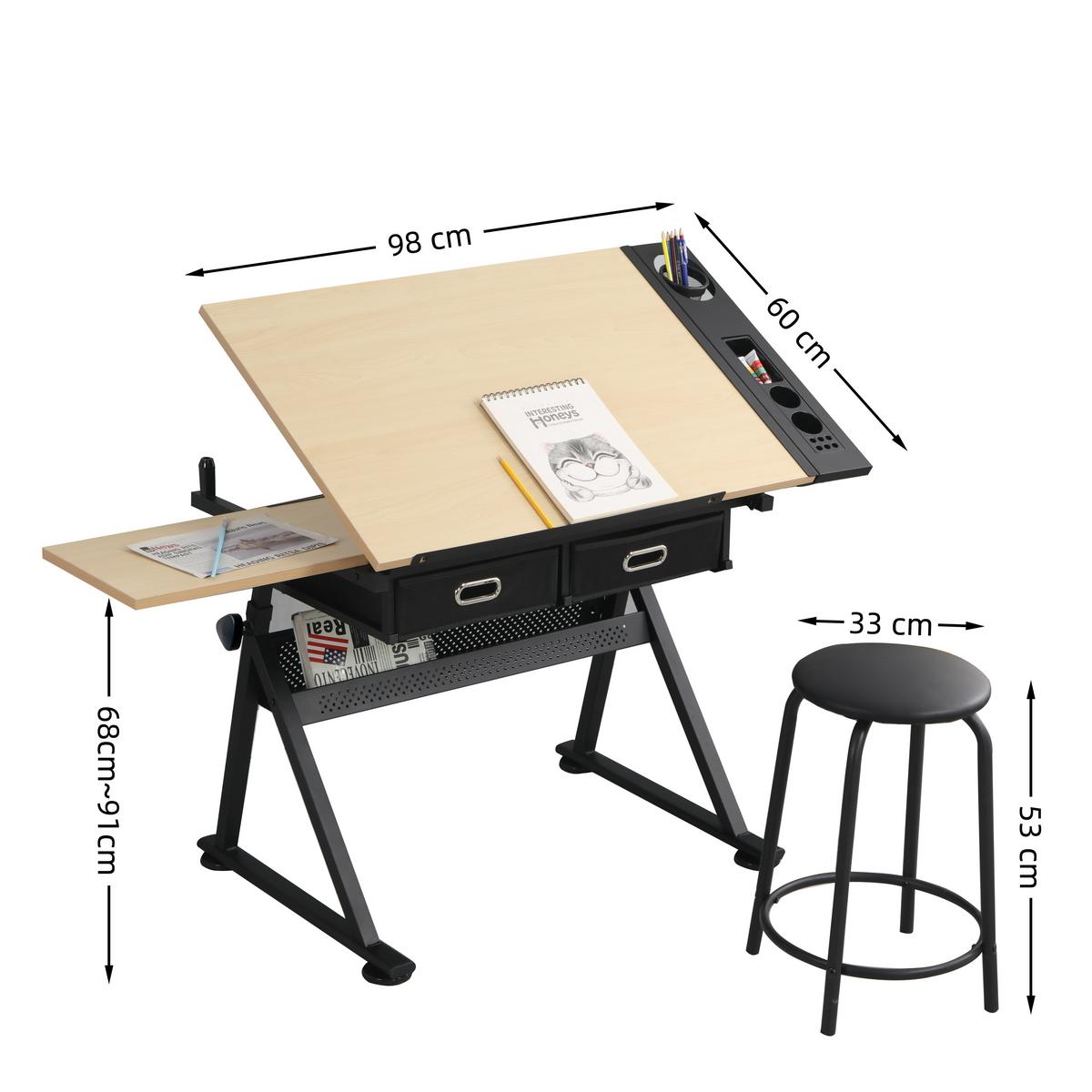 SCHREIBTISCH Zeichentisch Höhenverstellbar Neigbar Ahorn inkl Hocker & Schubladen - Ahornfarben, Holzwerkstoff (60/98/68cm) - Urban Meuble