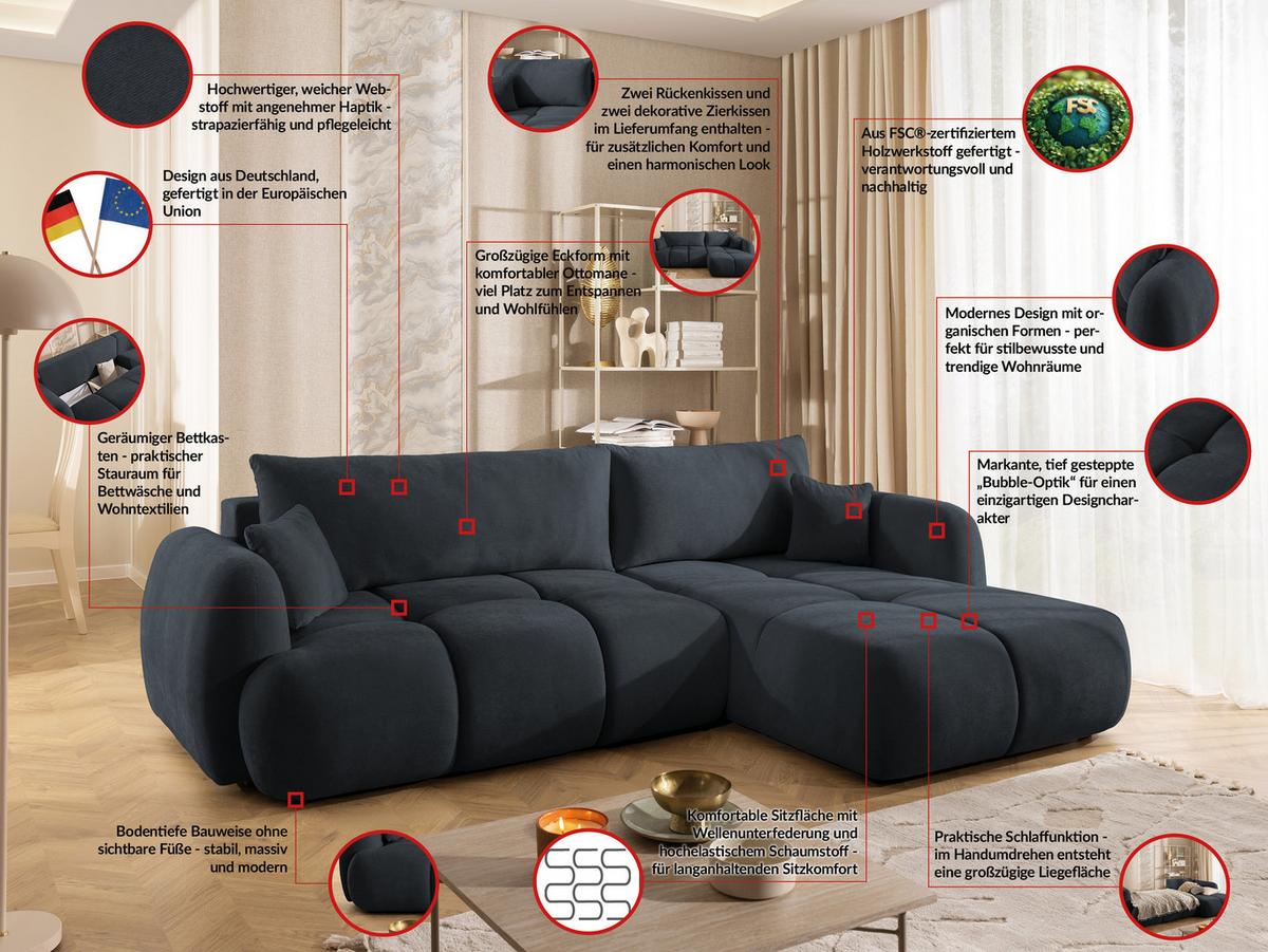 ECKSOFA Loretto aus natürlichem Schwarz Webstoff mit Schlaffunktion, Bettkasten und tiefen Steppungen in Bubble-Optik - Schwarz, Holz/Kunststoff (275/180cm) - S-Style