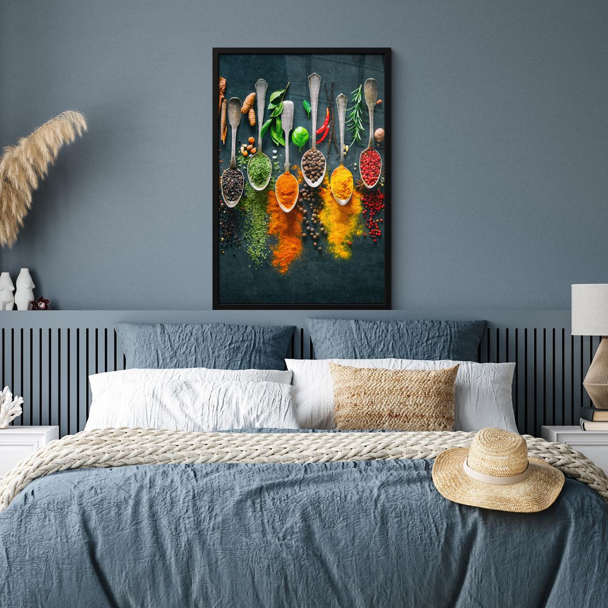 POSTER MIT RAHMENGERAHMTES BILD Kräuter - Gewürze - Löffel 60x90 cm - Currygelb, Papier (60/90cm) - MuchoWow