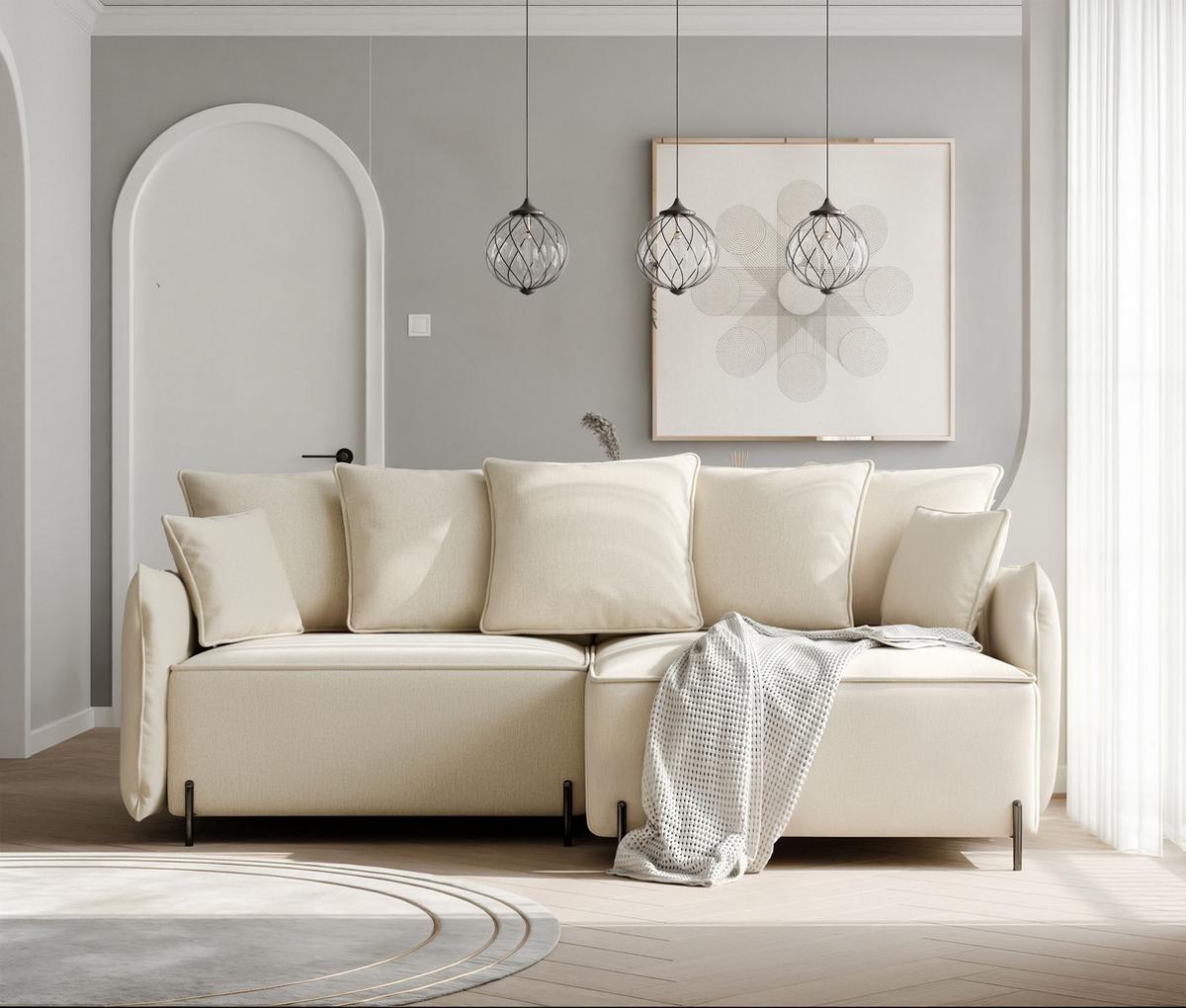 ECKSOFA MARCO Rechts, mit Schlaffunktion und Bettkasten, Creme - Creme, Textil/Metall (221/148cm) - Idohome