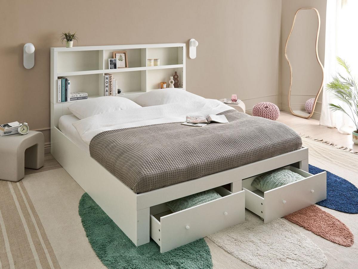 BETT mit Schubladen 180/200 cm MDF-Platte Weiß Tarare - Weiß, Holzwerkstoff (180/200cm) - Beliani