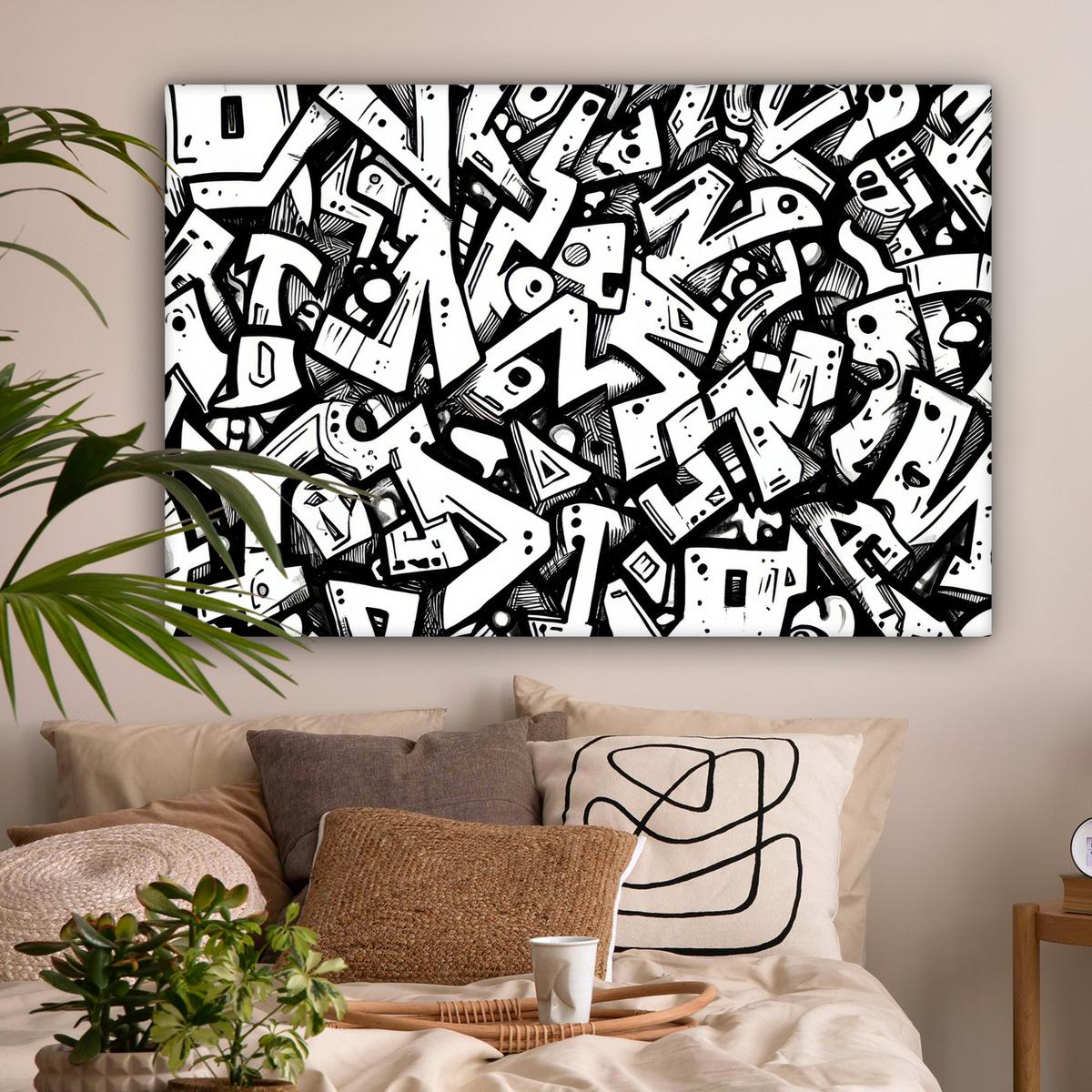 LEINWANDBILD Formen - Buchstaben - Graffiti - Schwarz Wohnzimmer Groß 120x80 cm - Schwarz, Textil (120/80cm) - MuchoWow