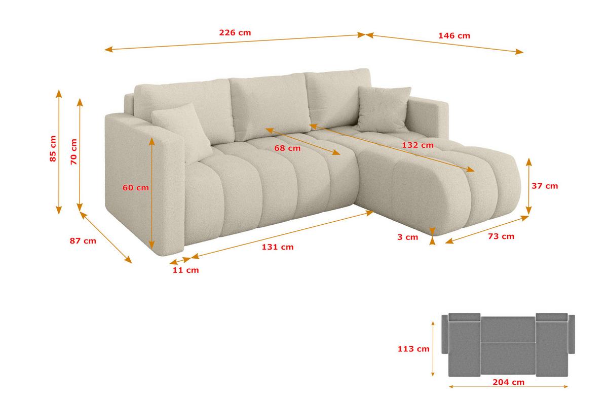ECKSOFA mit Schlaffunktion Ottomane Rechts GARD-L 226x146x85 Beige Bouclé - Sandfarben/Beige, Holzwerkstoff/Kunststoff (226/146cm) - ALTDECOR